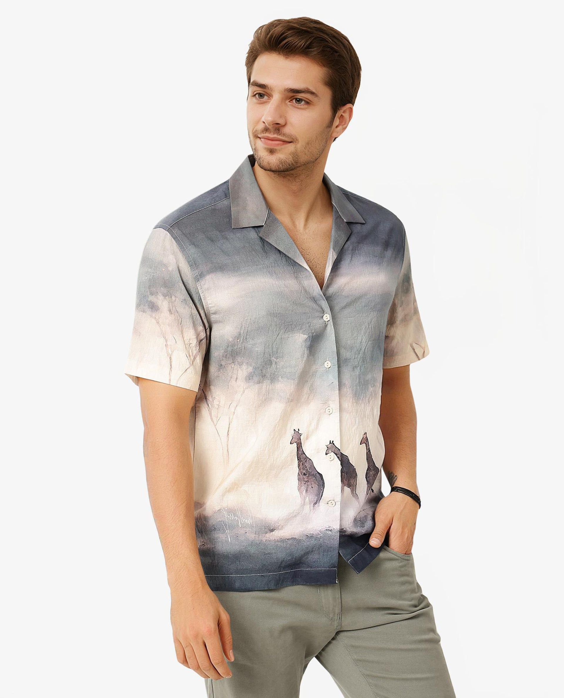 Rare Rabbit Men Kenya Dusky Green Viscose Nylon Fabric Cuban Collar Short Sleeve Boxy Fit Animal Placement Print Shirt