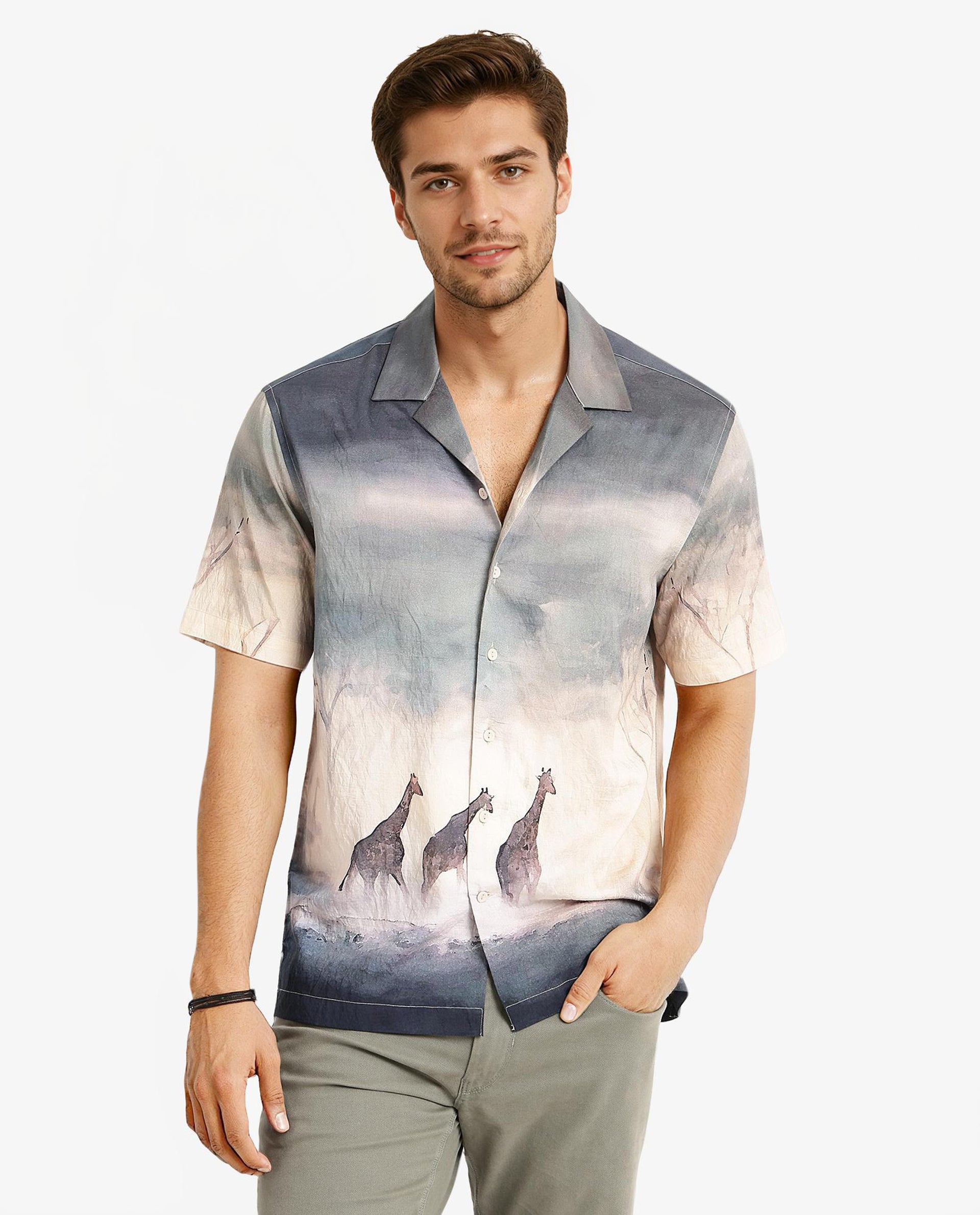 Rare Rabbit Men Kenya Dusky Green Viscose Nylon Fabric Cuban Collar Short Sleeve Boxy Fit Animal Placement Print Shirt