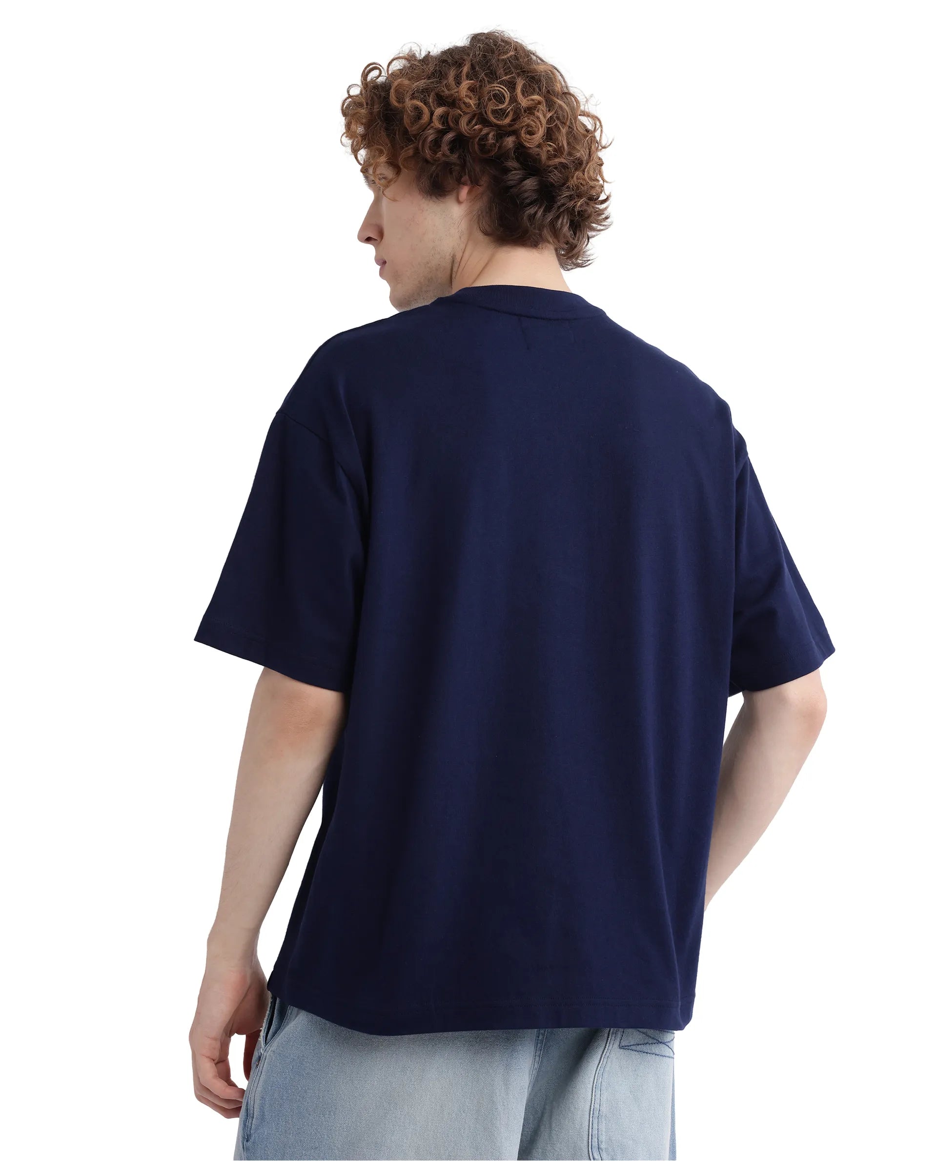 Rare Rabbit Men Kenzo-25 Navy Cotton Fabric Short Sleeve Crew Neck Oversized Fit Embroidered T-Shirt