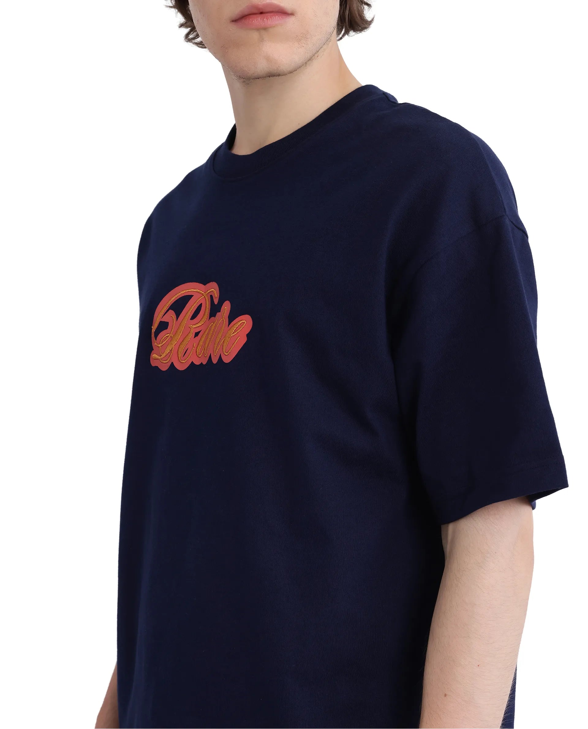 Rare Rabbit Men Kenzo-25 Navy Cotton Fabric Short Sleeve Crew Neck Oversized Fit Embroidered T-Shirt