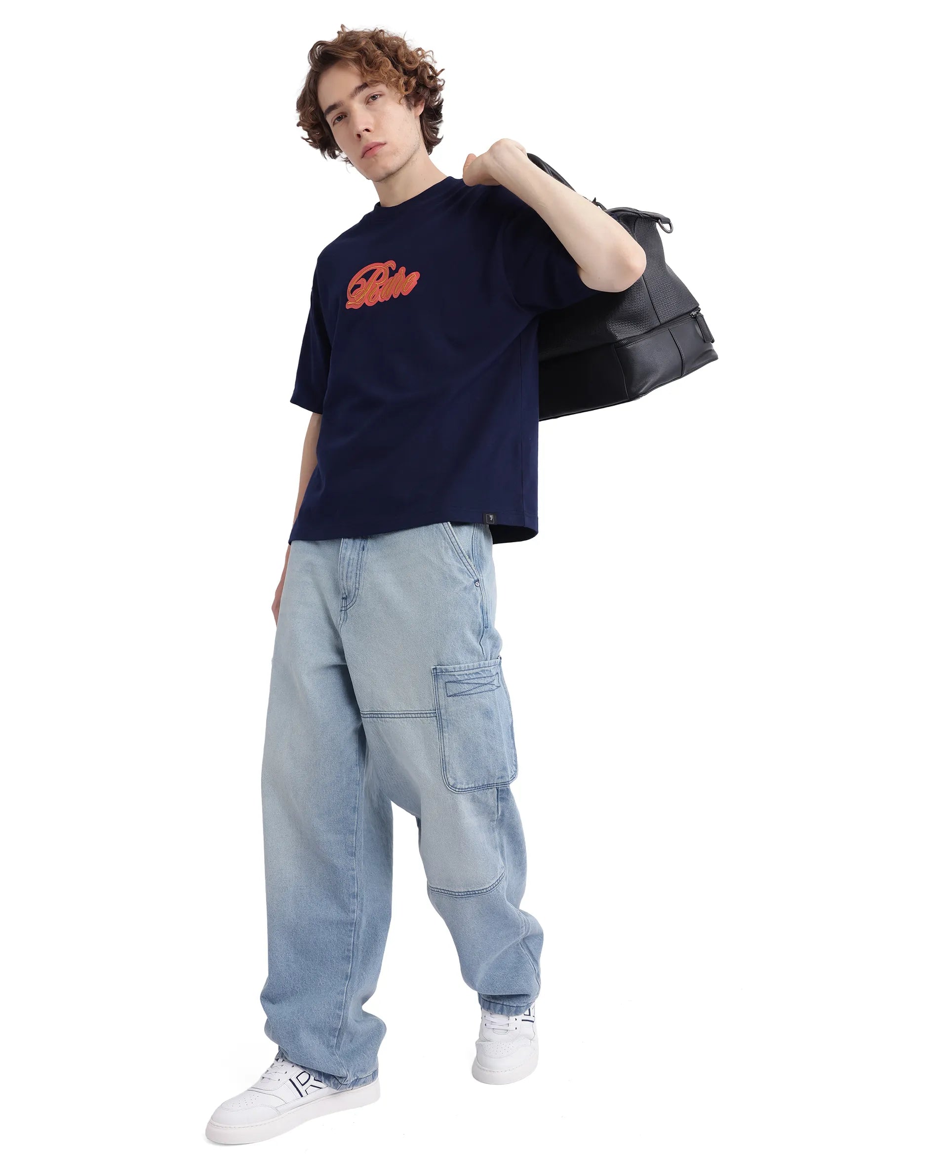 Rare Rabbit Men Kenzo-25 Navy Cotton Fabric Short Sleeve Crew Neck Oversized Fit Embroidered T-Shirt