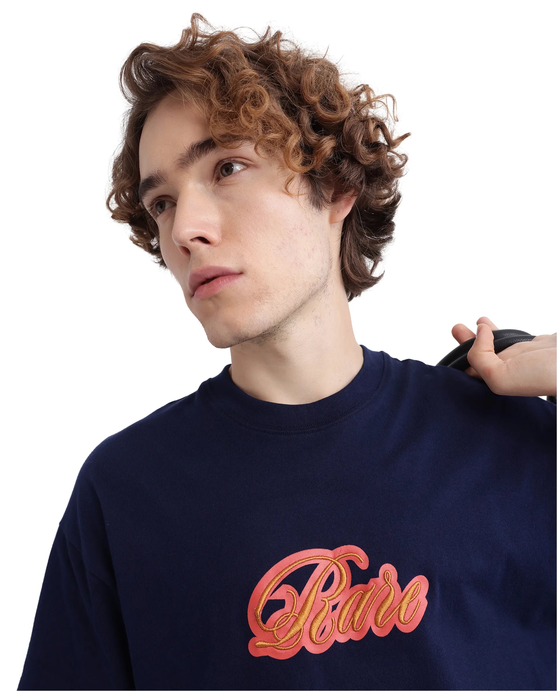 Rare Rabbit Men Kenzo-25 Navy Cotton Fabric Short Sleeve Crew Neck Oversized Fit Embroidered T-Shirt