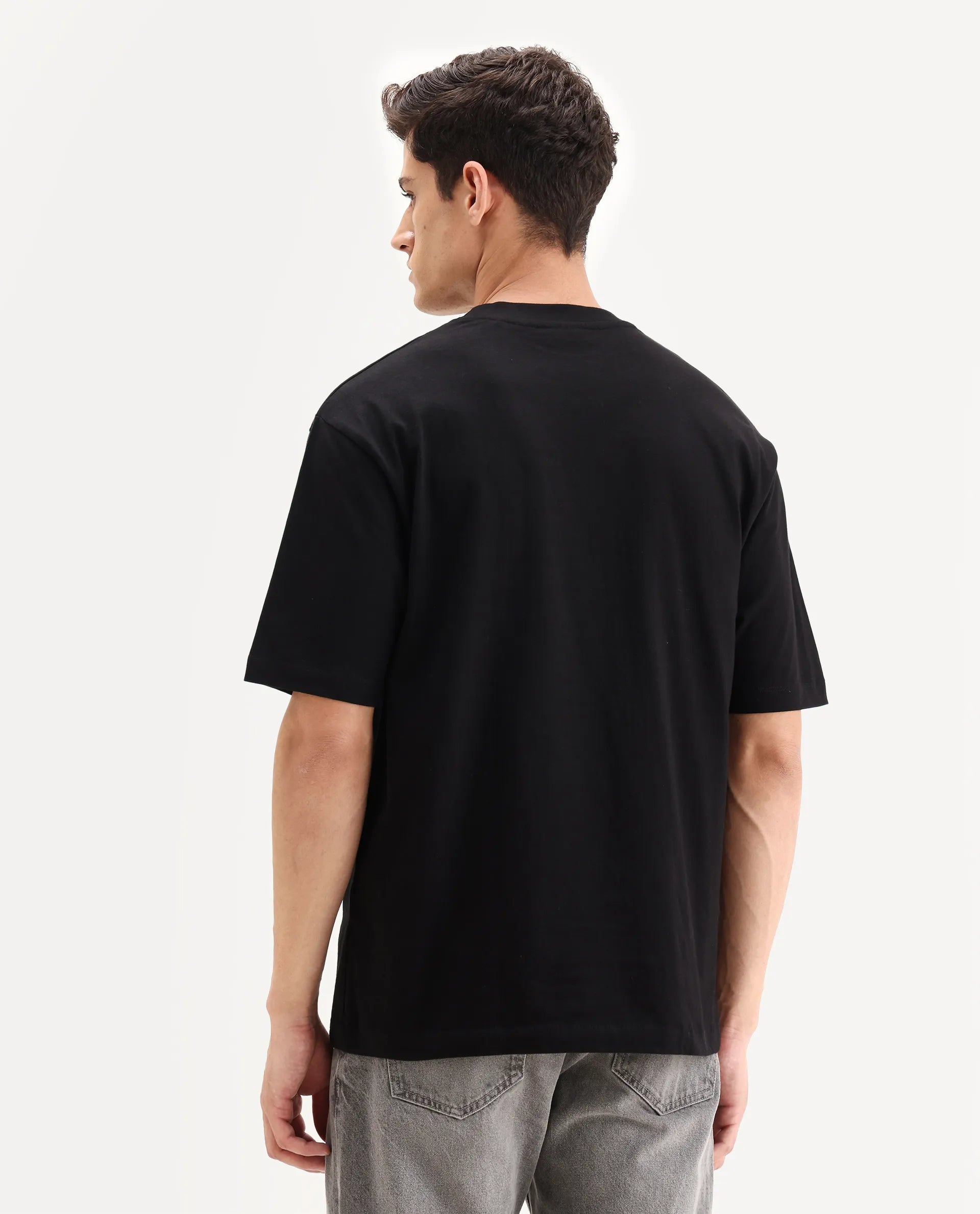 Rare Rabbit Men's Kenzo Black Cotton Embroidered Oversized Fit Half Sl