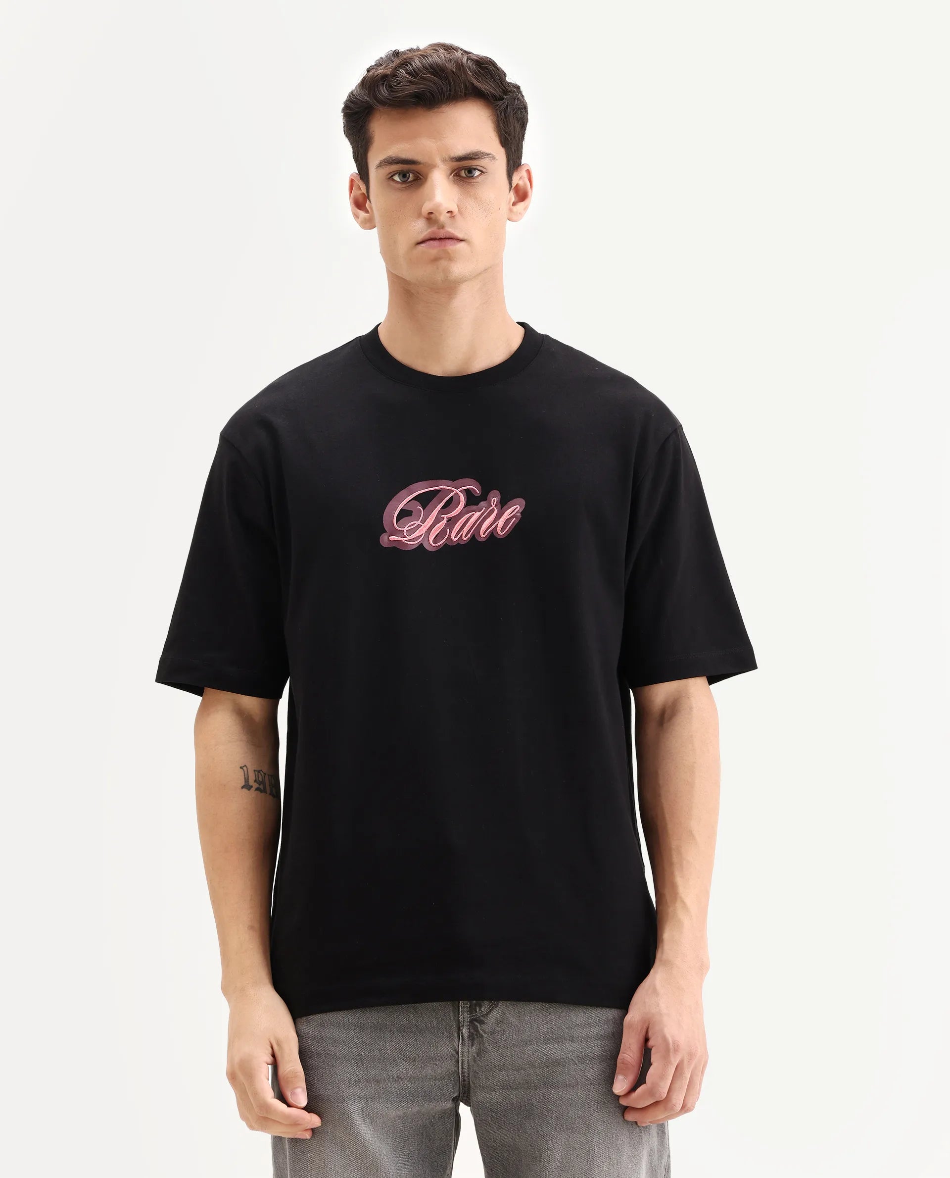 Rare Rabbit Men's Kenzo Black Cotton Embroidered Oversized Fit Half Sleeve Crew Neck T-Shirt