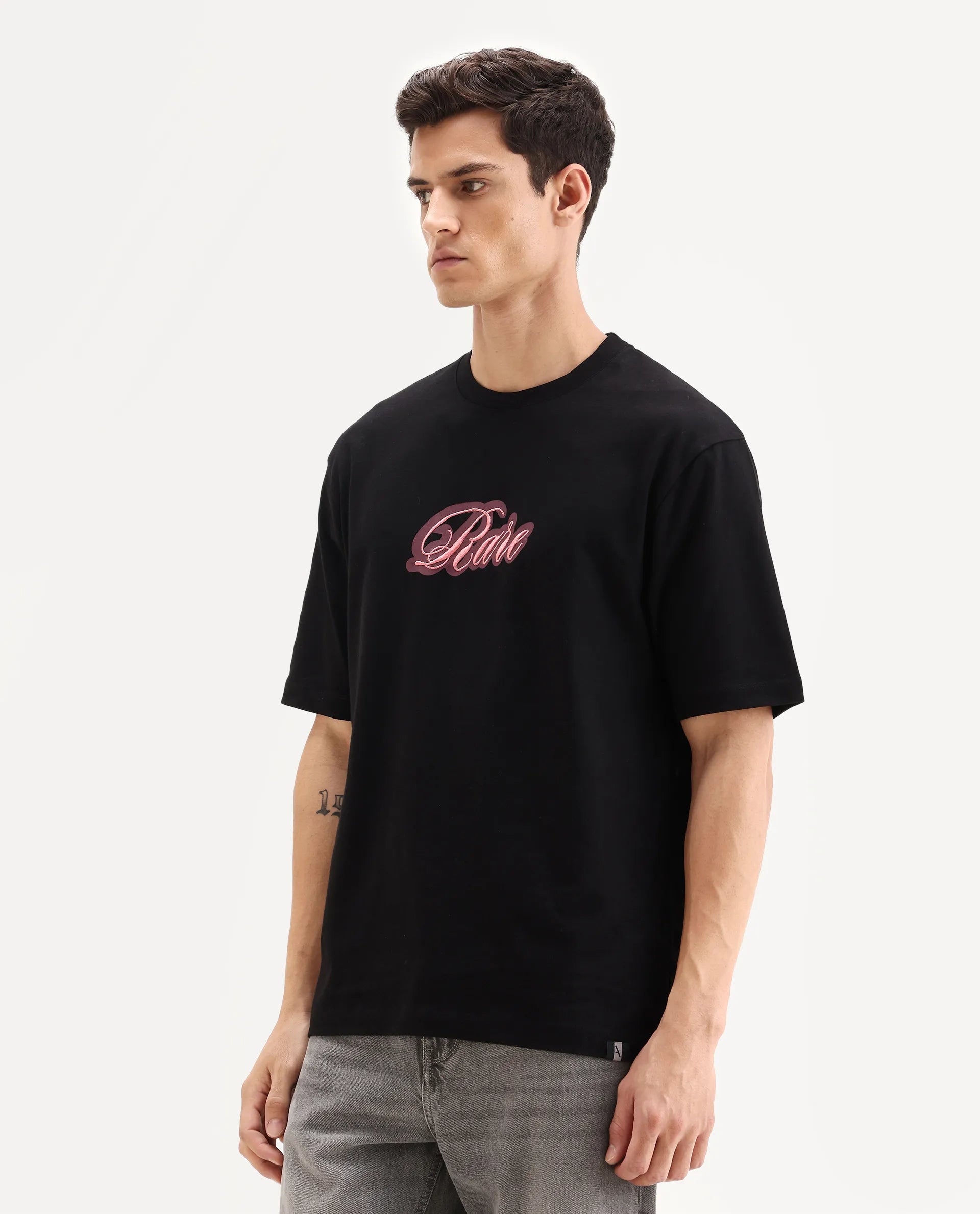 Rare Rabbit Men's Kenzo Black Cotton Embroidered Oversized Fit Half Sleeve Crew Neck T-Shirt