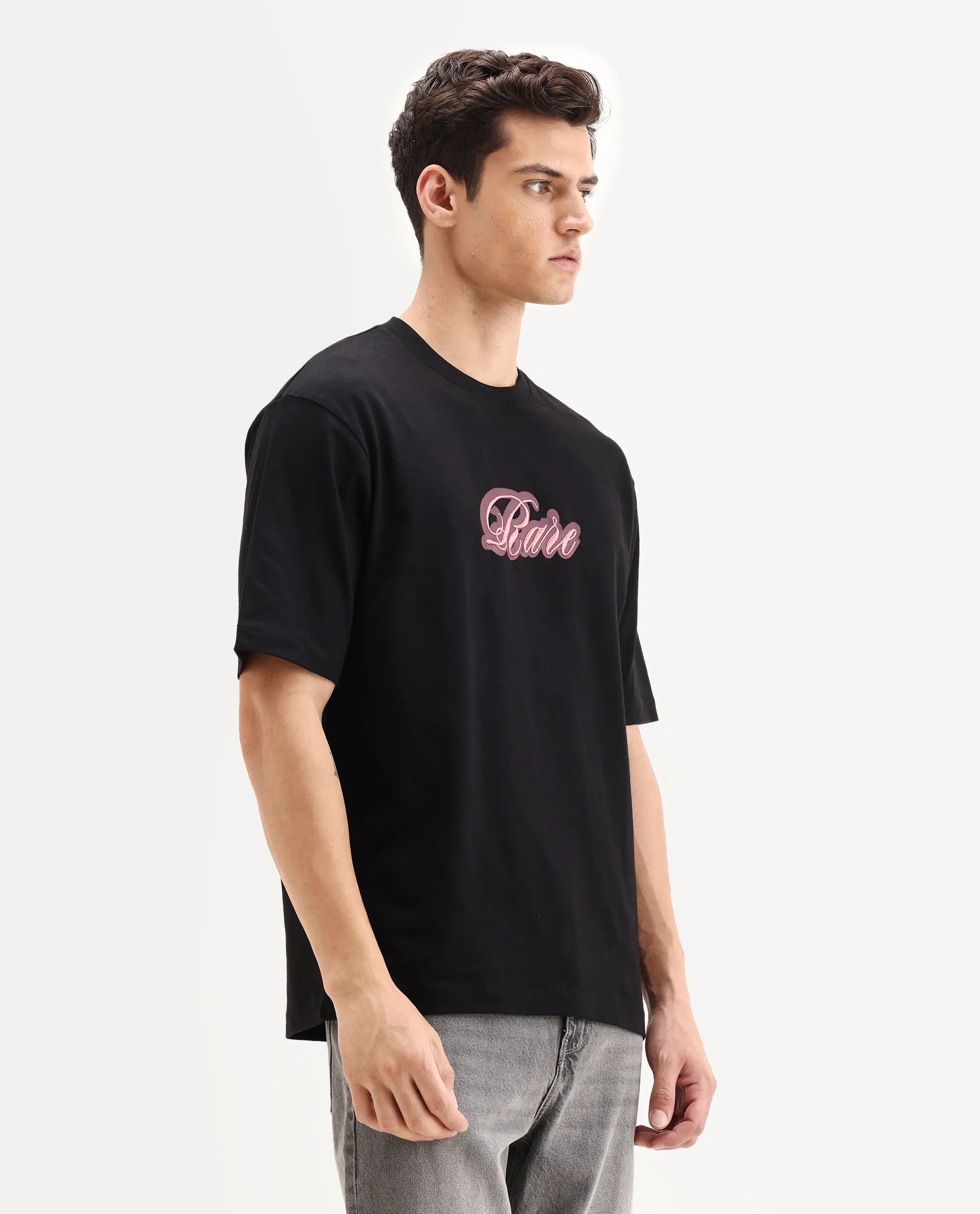 Rare Rabbit Men's Kenzo Black Cotton Embroidered Oversized Fit Half Sleeve Crew Neck T-Shirt