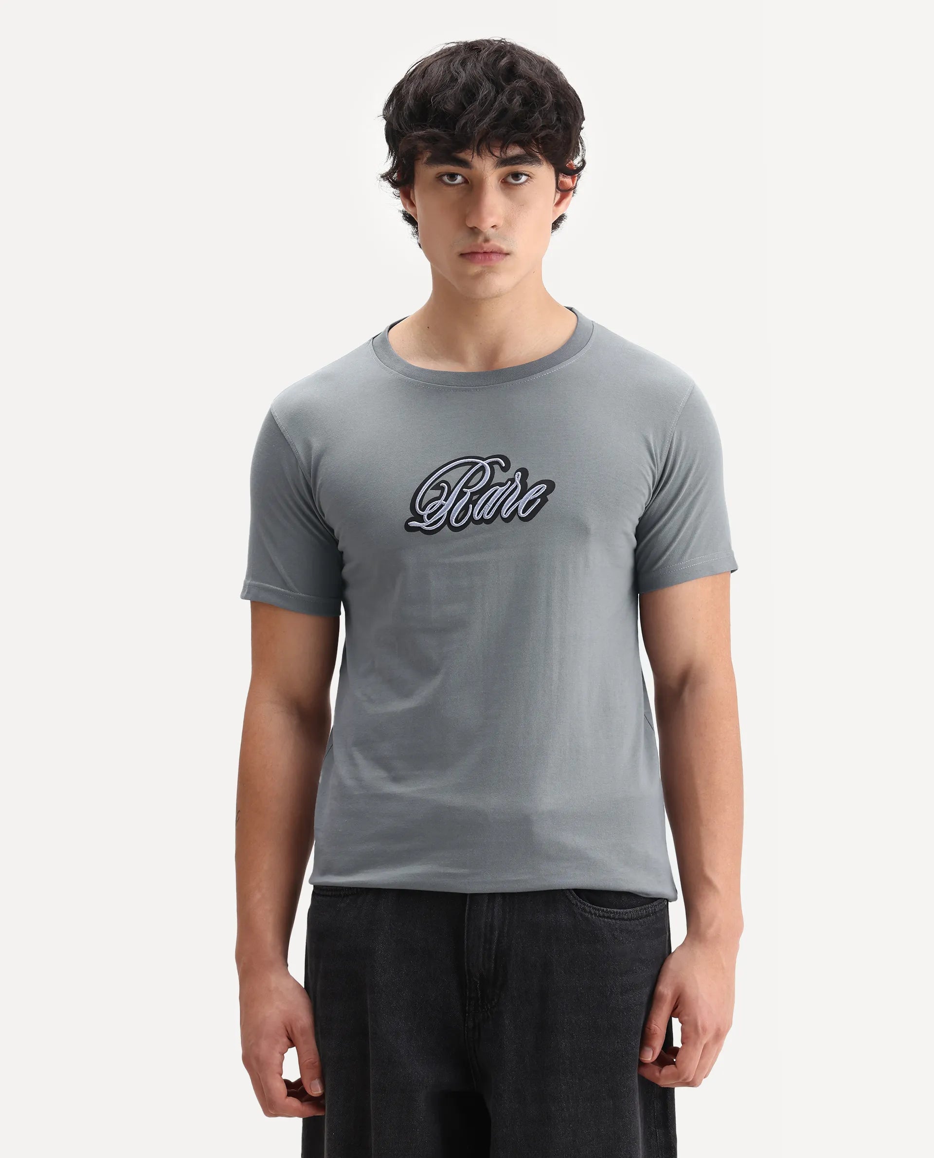 Rare Rabbit Men's Kenzo Olive Cotton Embroidered Oversized Fit Half Sleeve Crew Neck T-Shirt