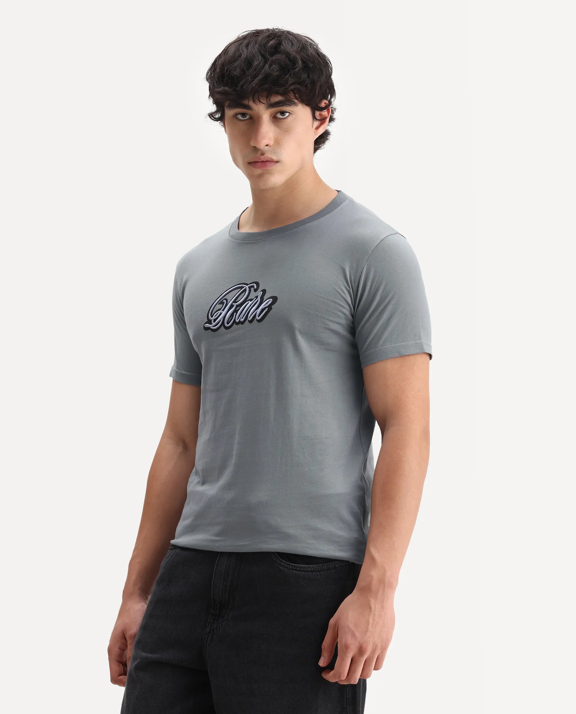 Rare Rabbit Men's Kenzo Olive Cotton Embroidered Oversized Fit Half Sleeve Crew Neck T-Shirt