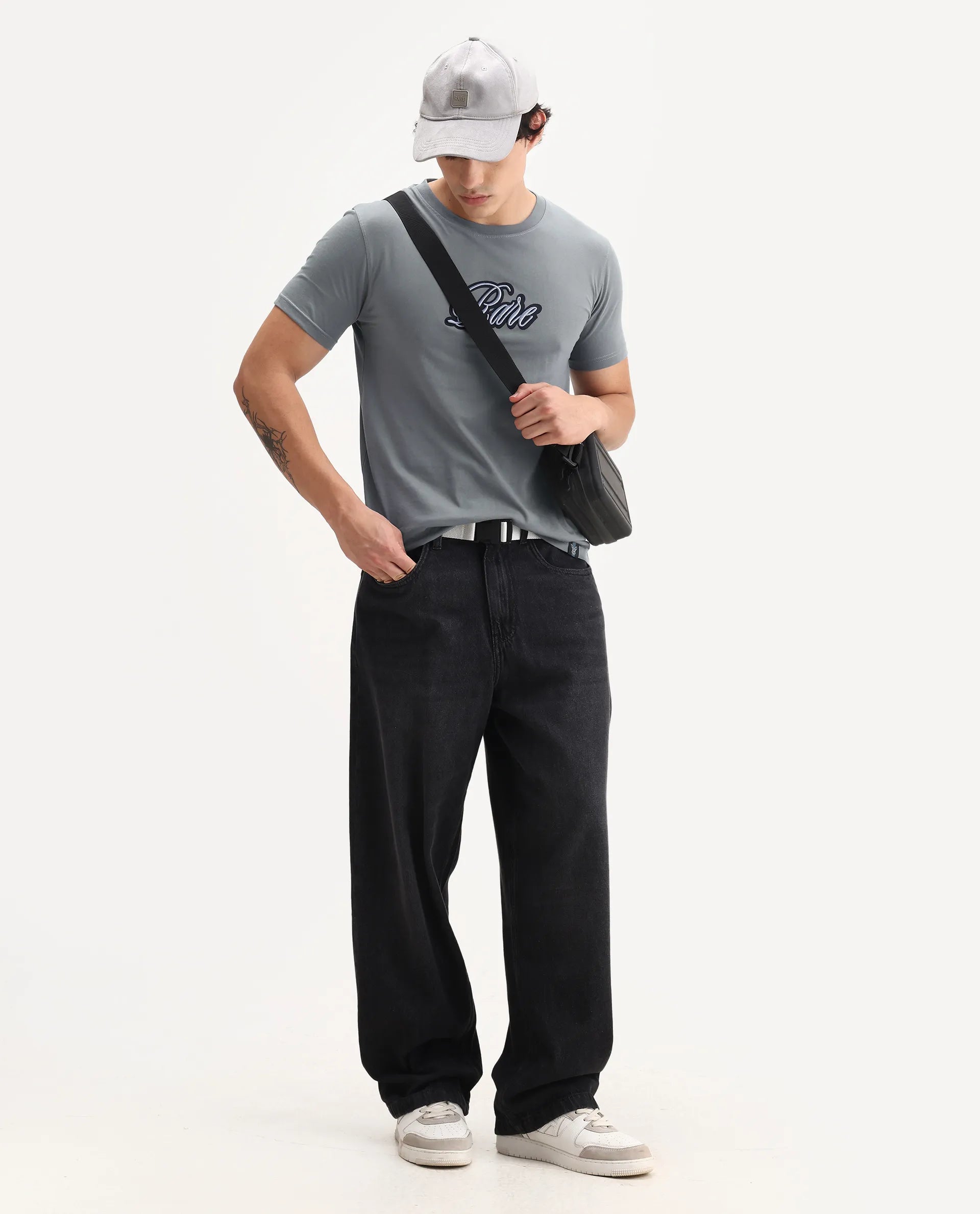 Rare Rabbit Men's Kenzo Olive Cotton Embroidered Oversized Fit Half Sleeve Crew Neck T-Shirt