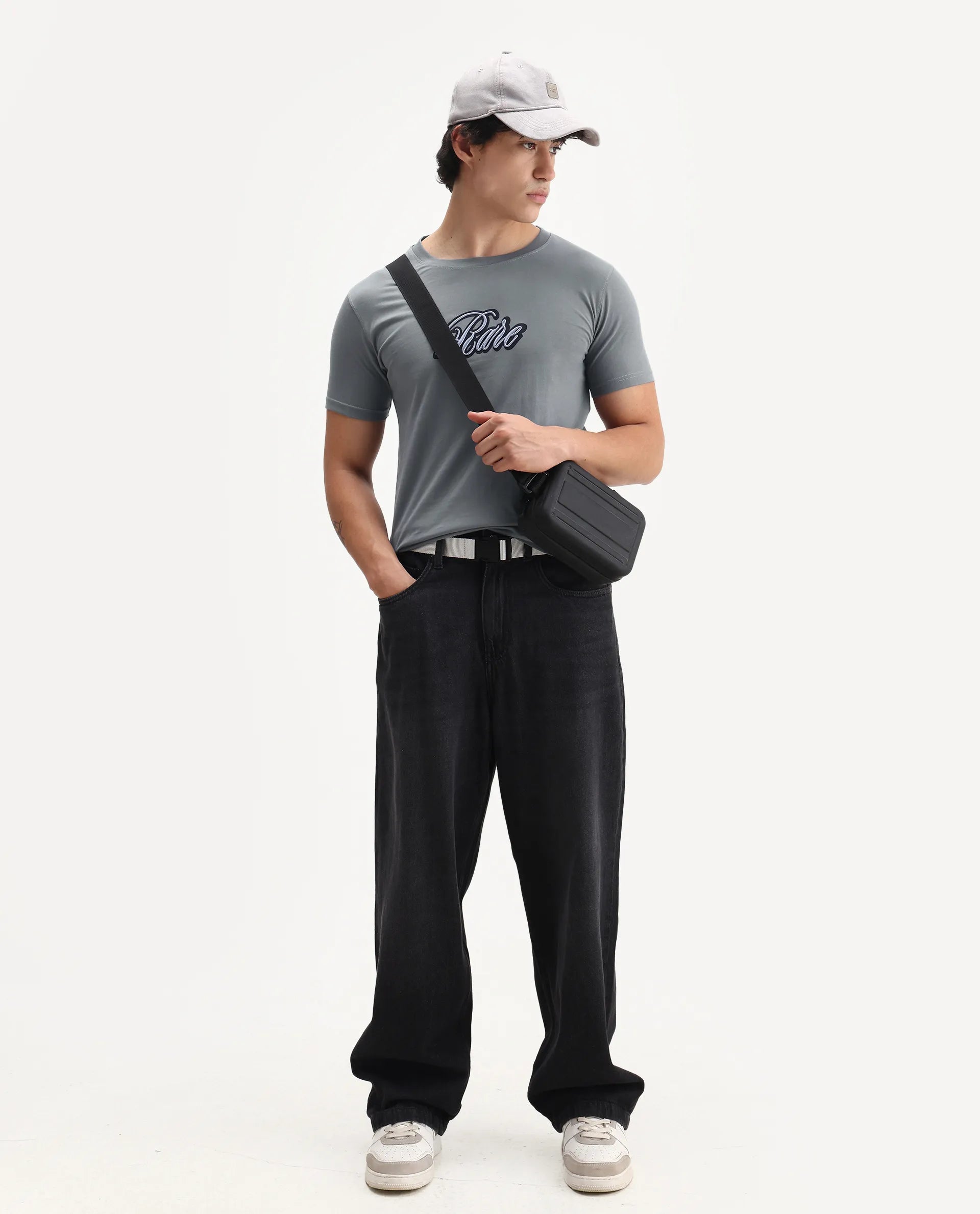 Rare Rabbit Men's Kenzo Olive Cotton Embroidered Oversized Fit Half Sleeve Crew Neck T-Shirt