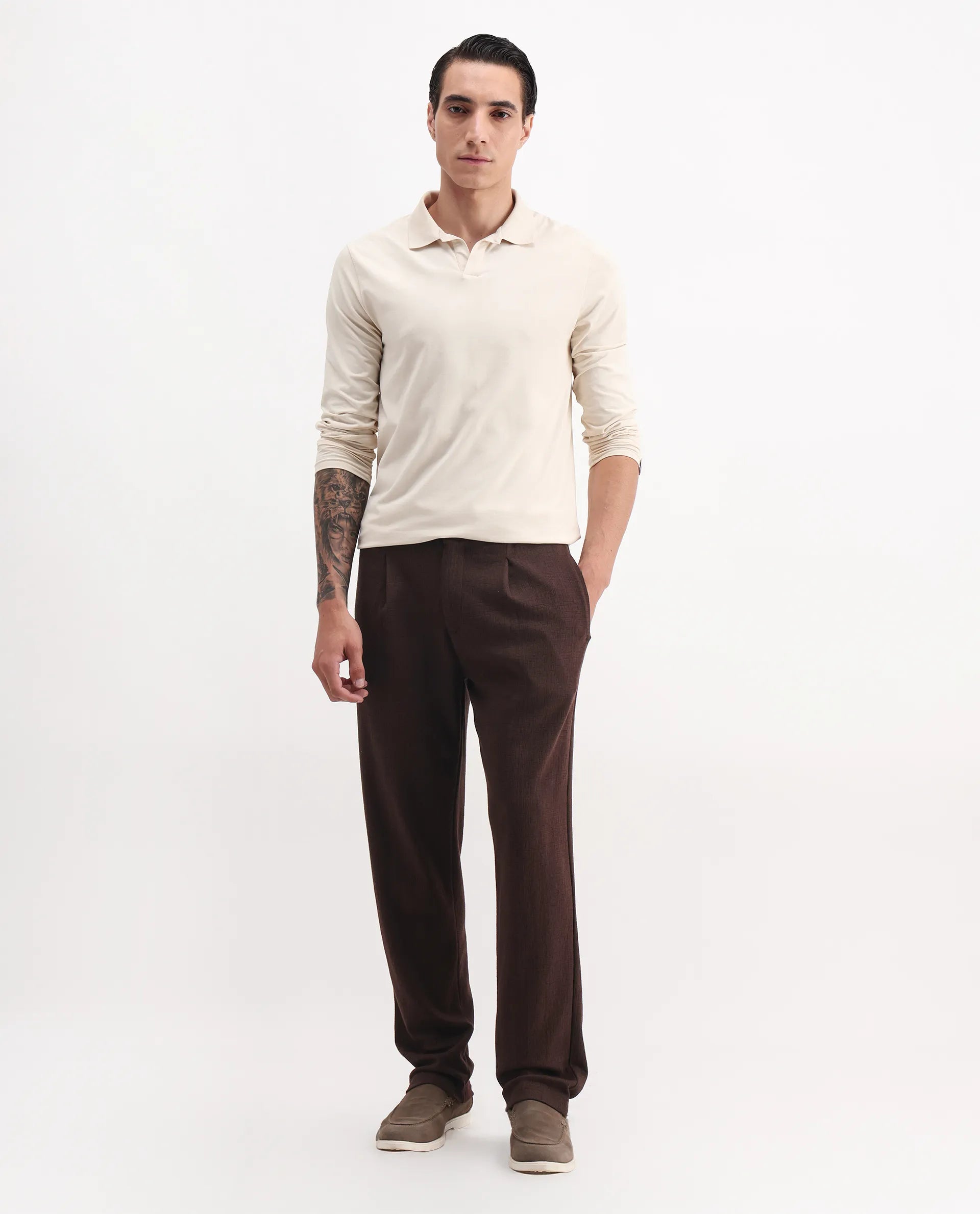 Rare Rabbit Men's Keloe Dark Brown Cotton Blend Plain Relaxed Fit Trouser