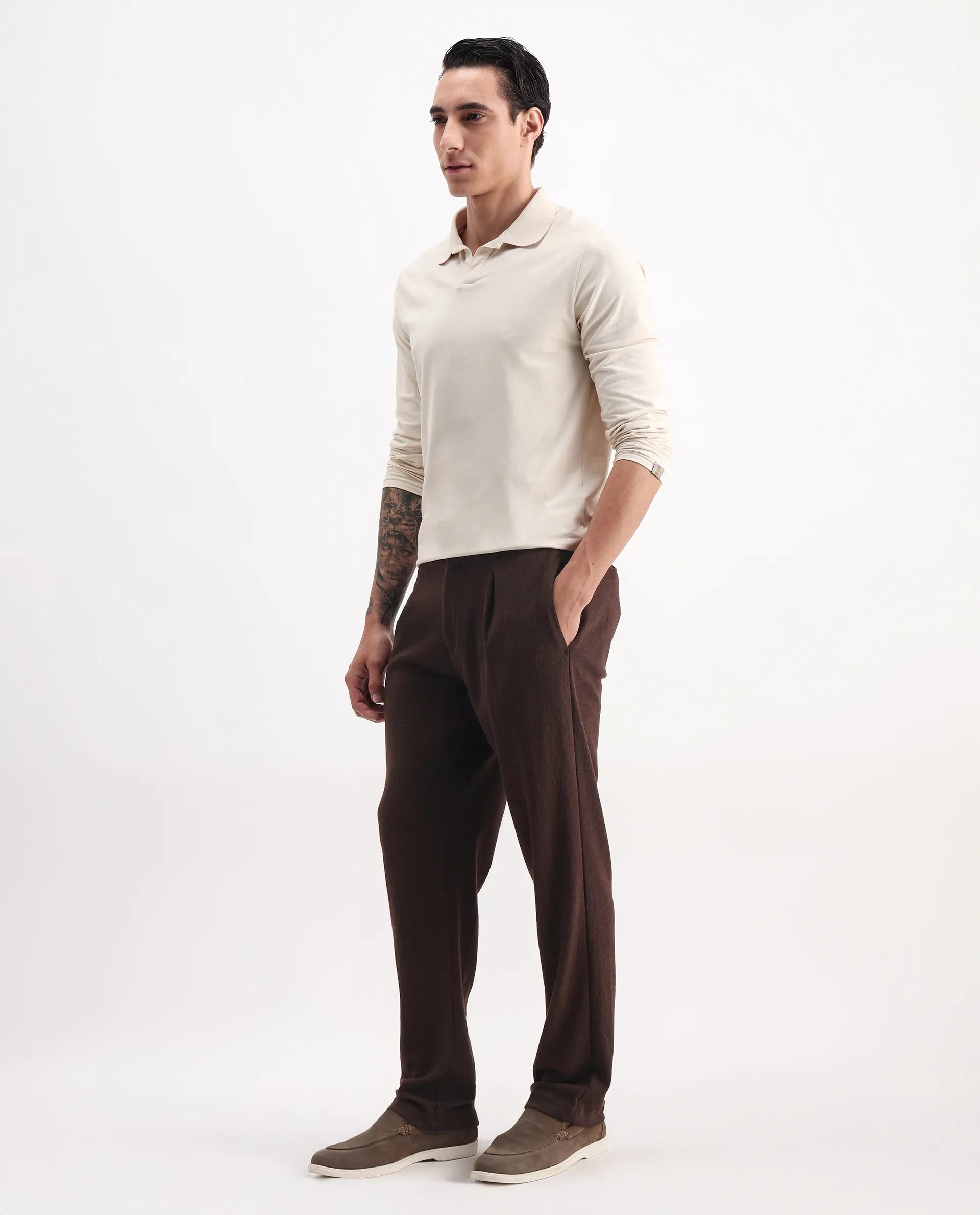 Rare Rabbit Men's Keloe Dark Brown Cotton Blend Plain Relaxed Fit Trouser
