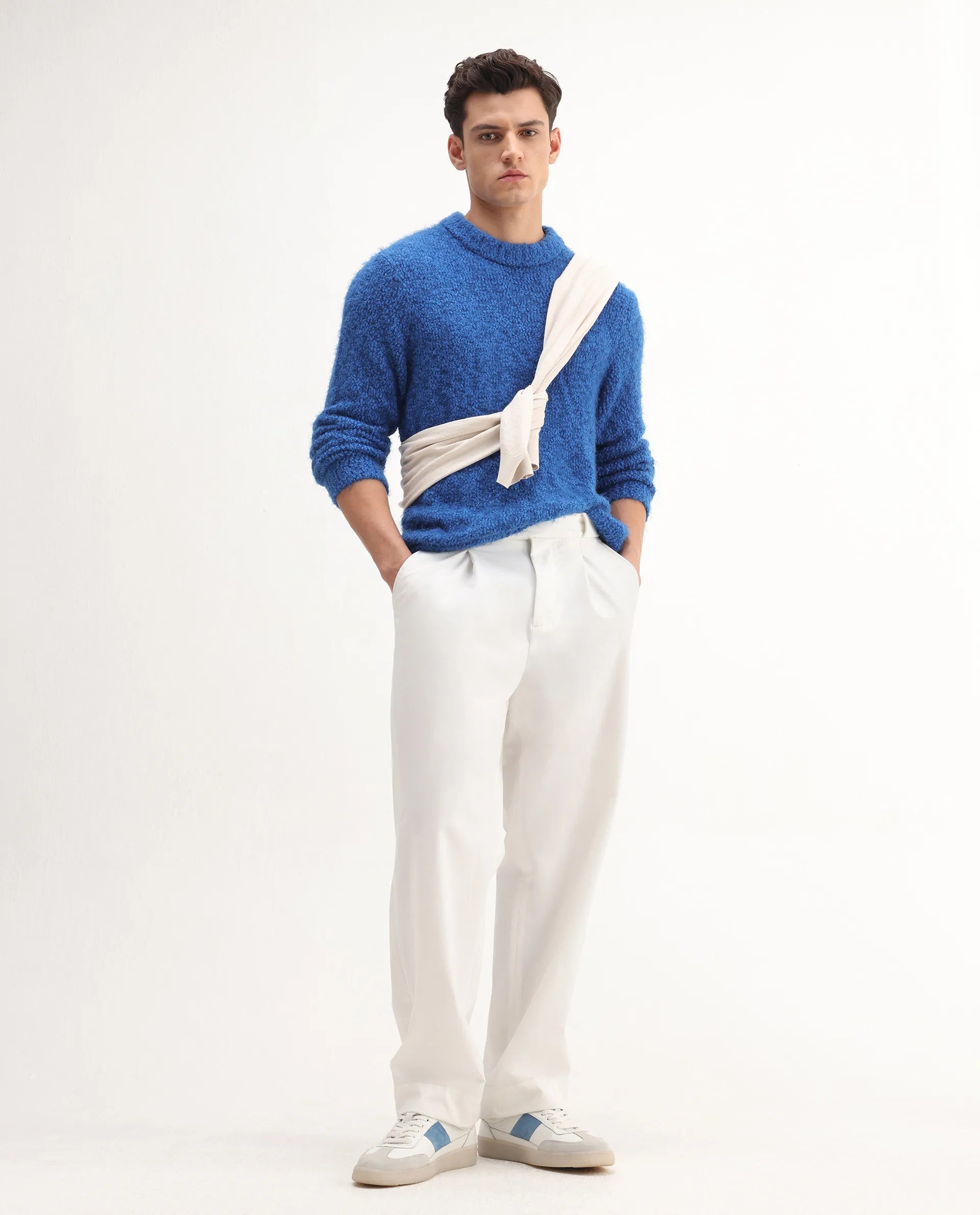 Rare Rabbit Men's Kept Blue Polyester Plain Regular Fit Full Sleeve Crew Neck Sweater