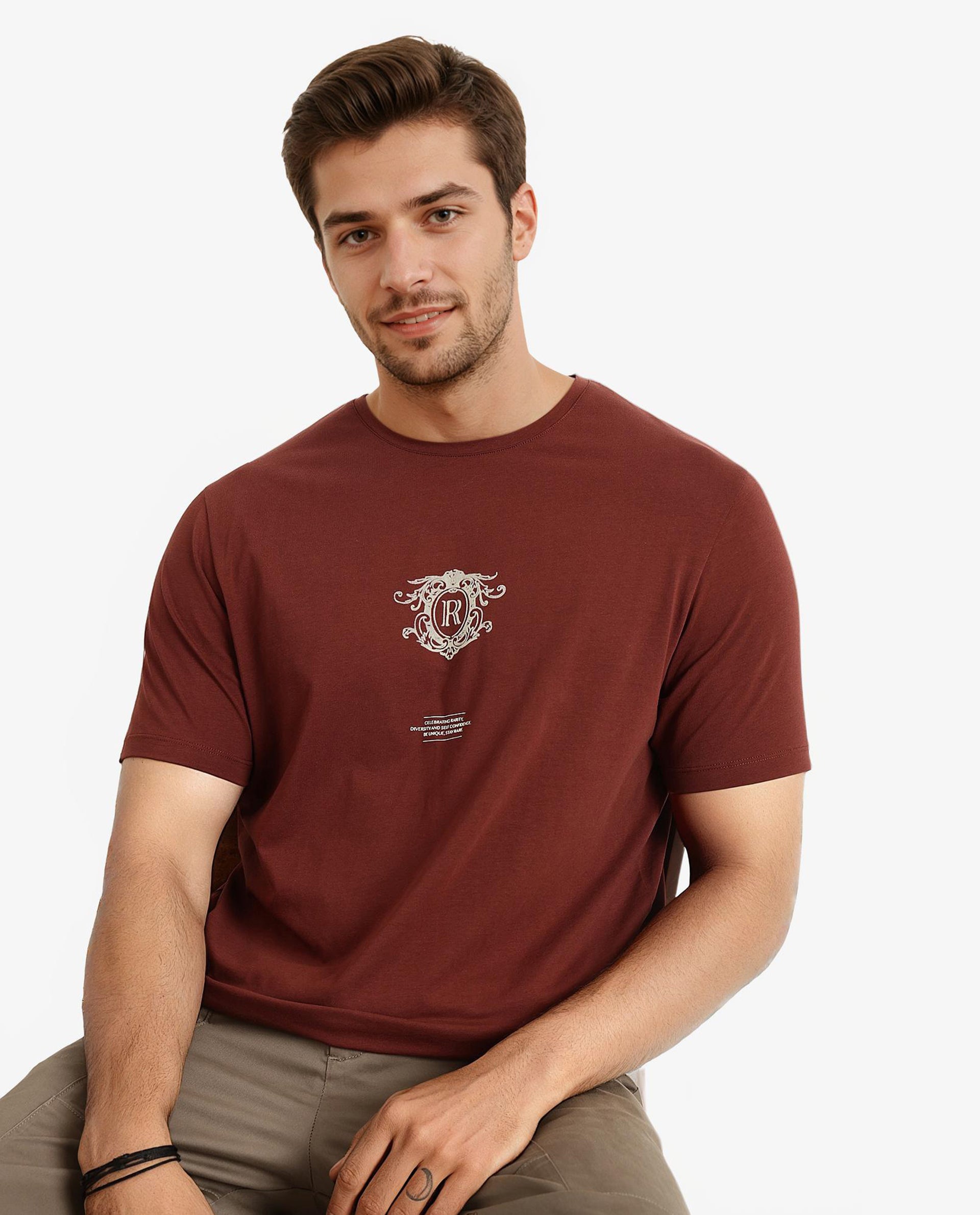 Rare Rabbit Men Ker Brown Cotton Lycra Fabric Short Sleeve Crew Neck Regular Fit Graphic Flock Print T-Shirt