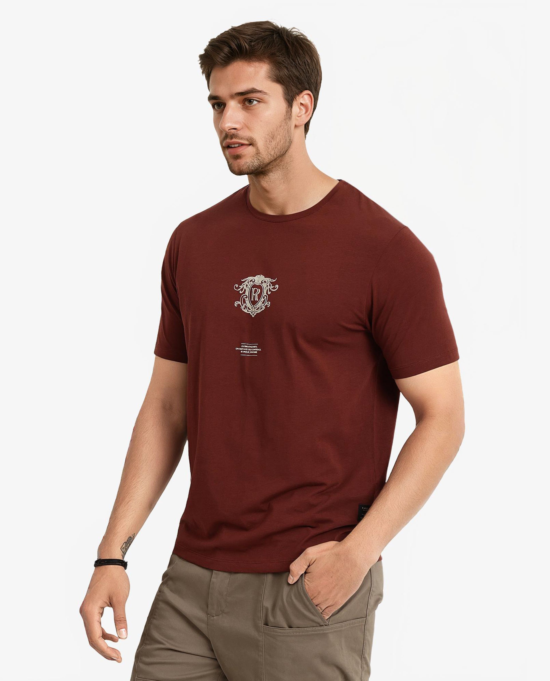 Rare Rabbit Men Ker Brown Cotton Lycra Fabric Short Sleeve Crew Neck Regular Fit Graphic Flock Print T-Shirt