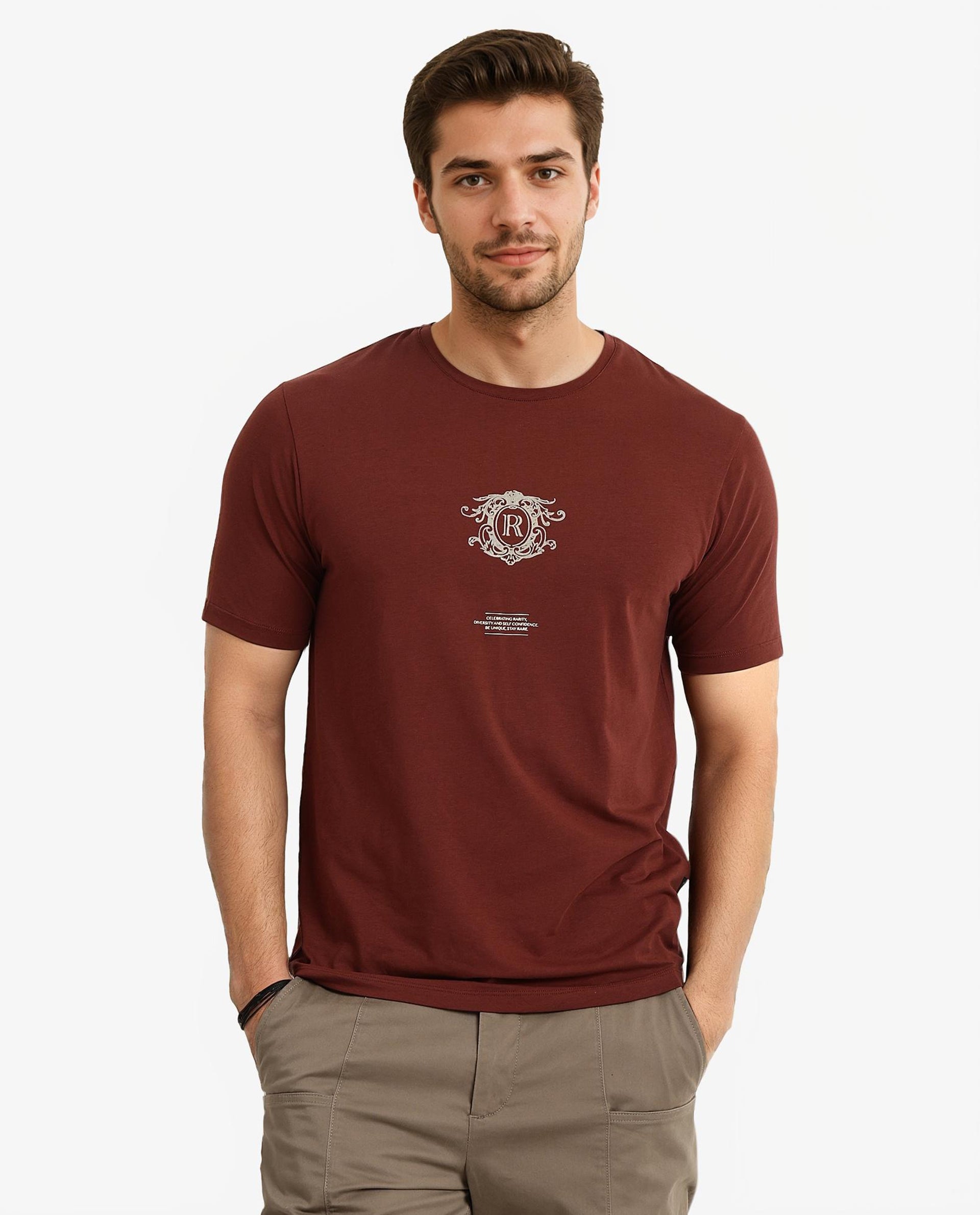 Rare Rabbit Men Ker Brown Cotton Lycra Fabric Short Sleeve Crew Neck Regular Fit Graphic Flock Print T-Shirt