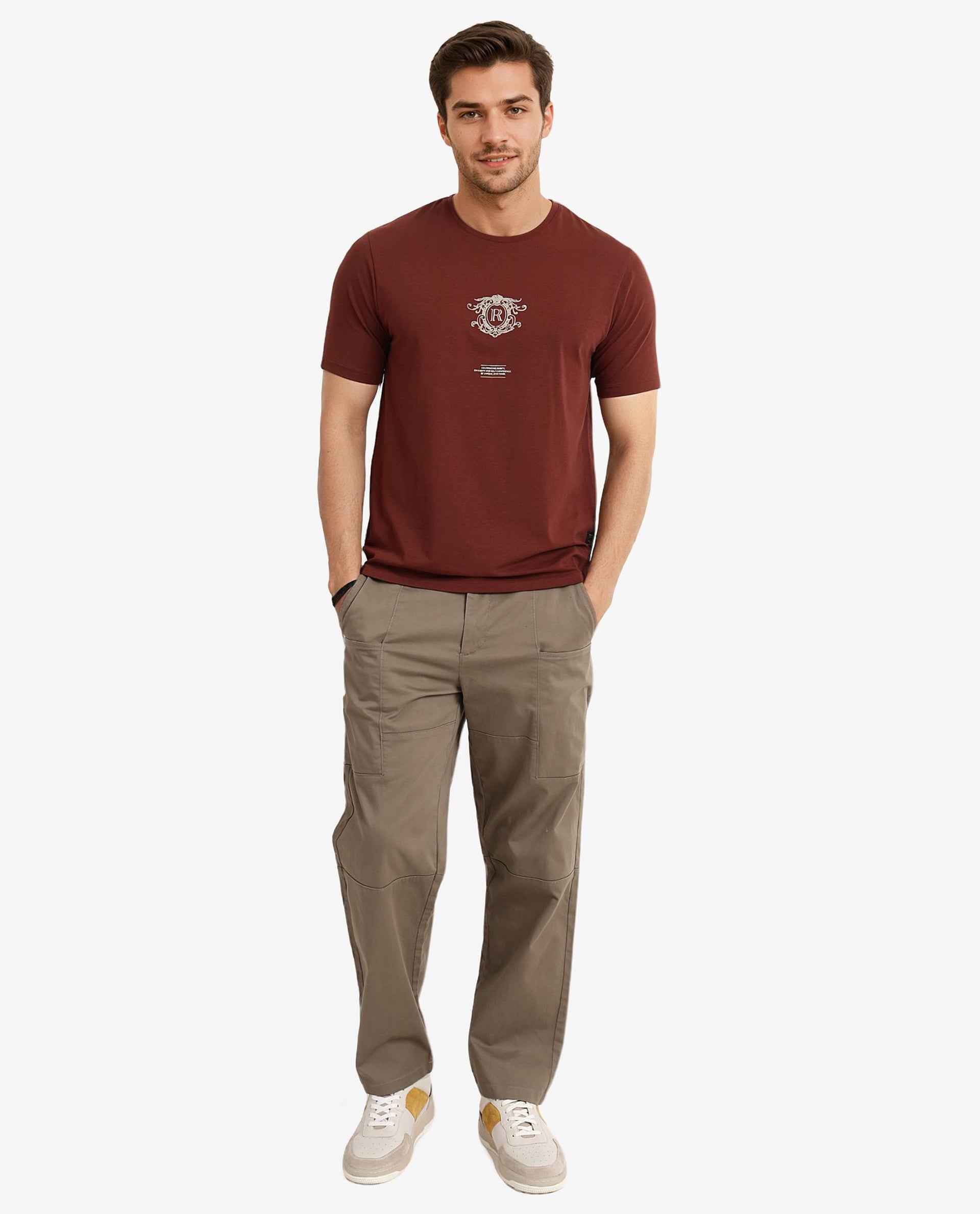 Rare Rabbit Men Ker Brown Cotton Lycra Fabric Short Sleeve Crew Neck Regular Fit Graphic Flock Print T-Shirt