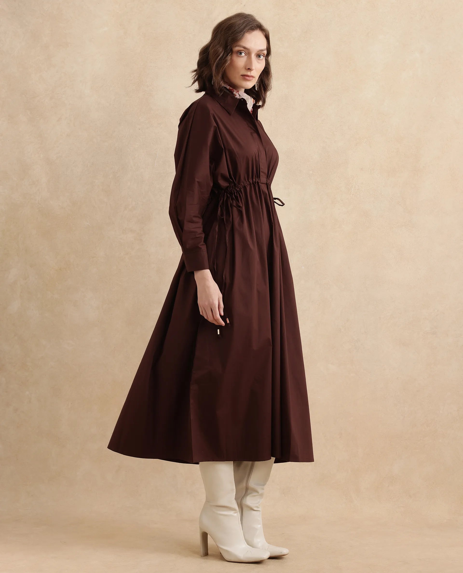 Rareism Women Kercet Brown Kimono Sleeve Collared Neck Fit & Flare Maxi Plain Dress