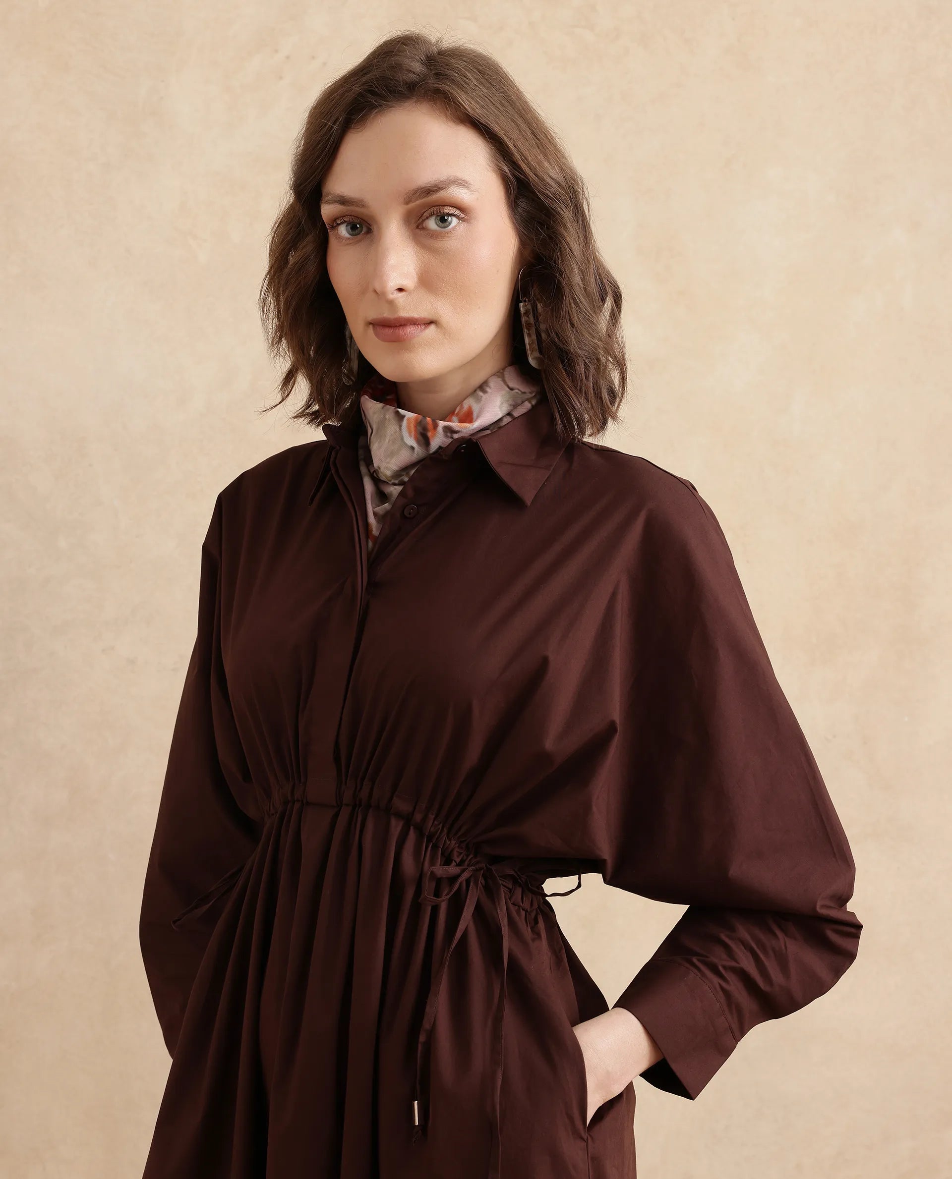 Rareism Women Kercet Brown Kimono Sleeve Collared Neck Fit & Flare Maxi Plain Dress