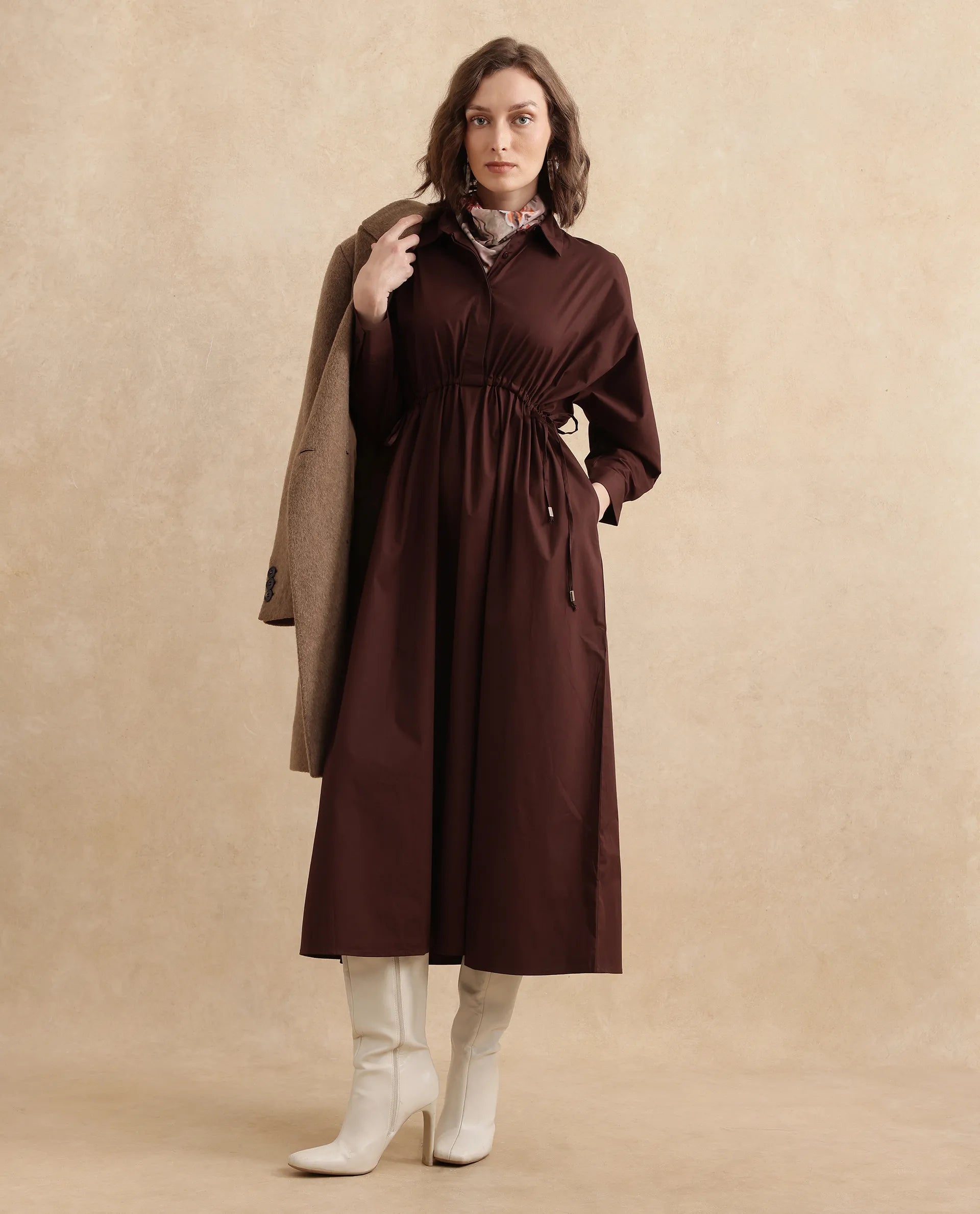 Rareism Women Kercet Brown Kimono Sleeve Collared Neck Fit & Flare Maxi Plain Dress