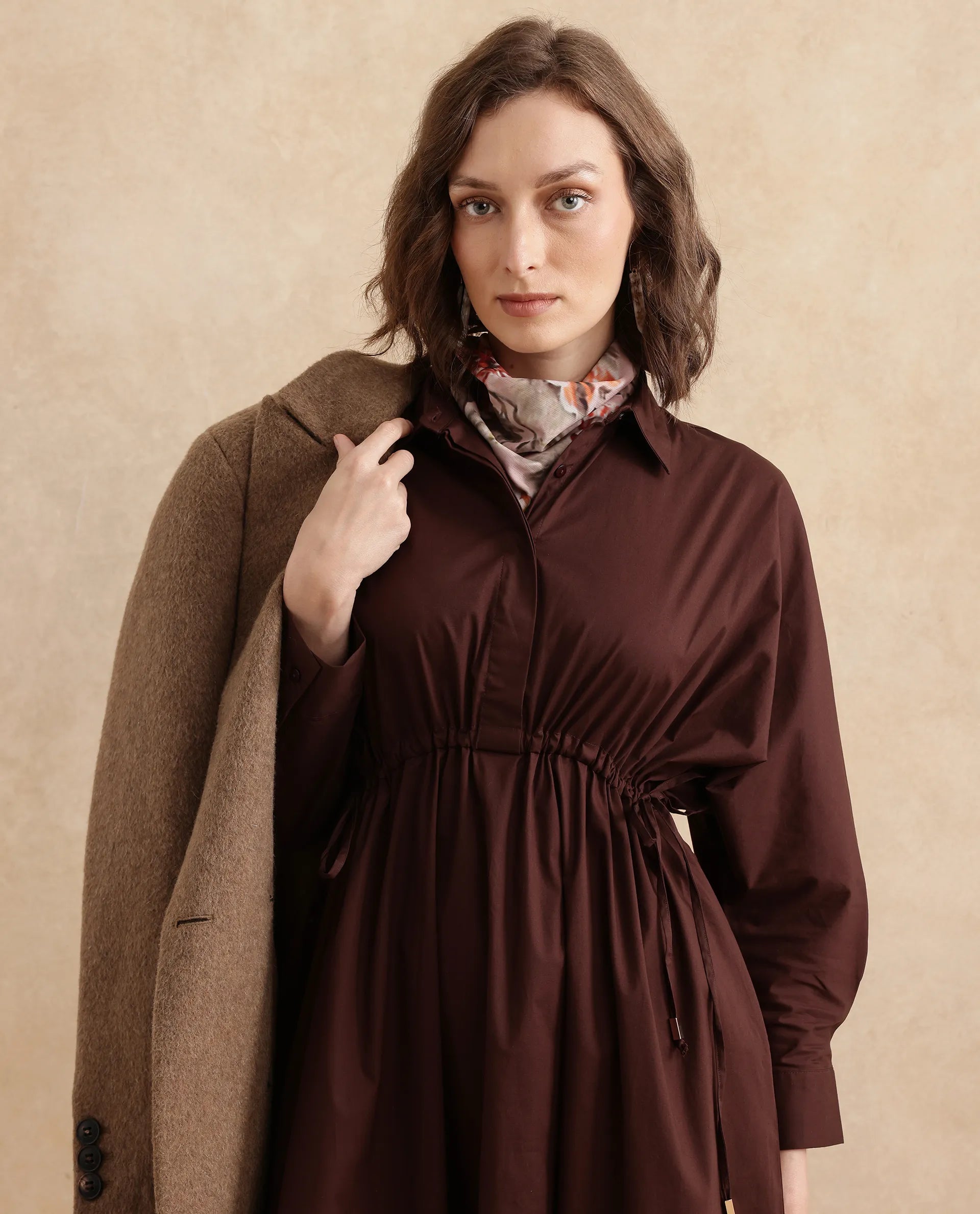 Rareism Women Kercet Brown Kimono Sleeve Collared Neck Fit & Flare Maxi Plain Dress