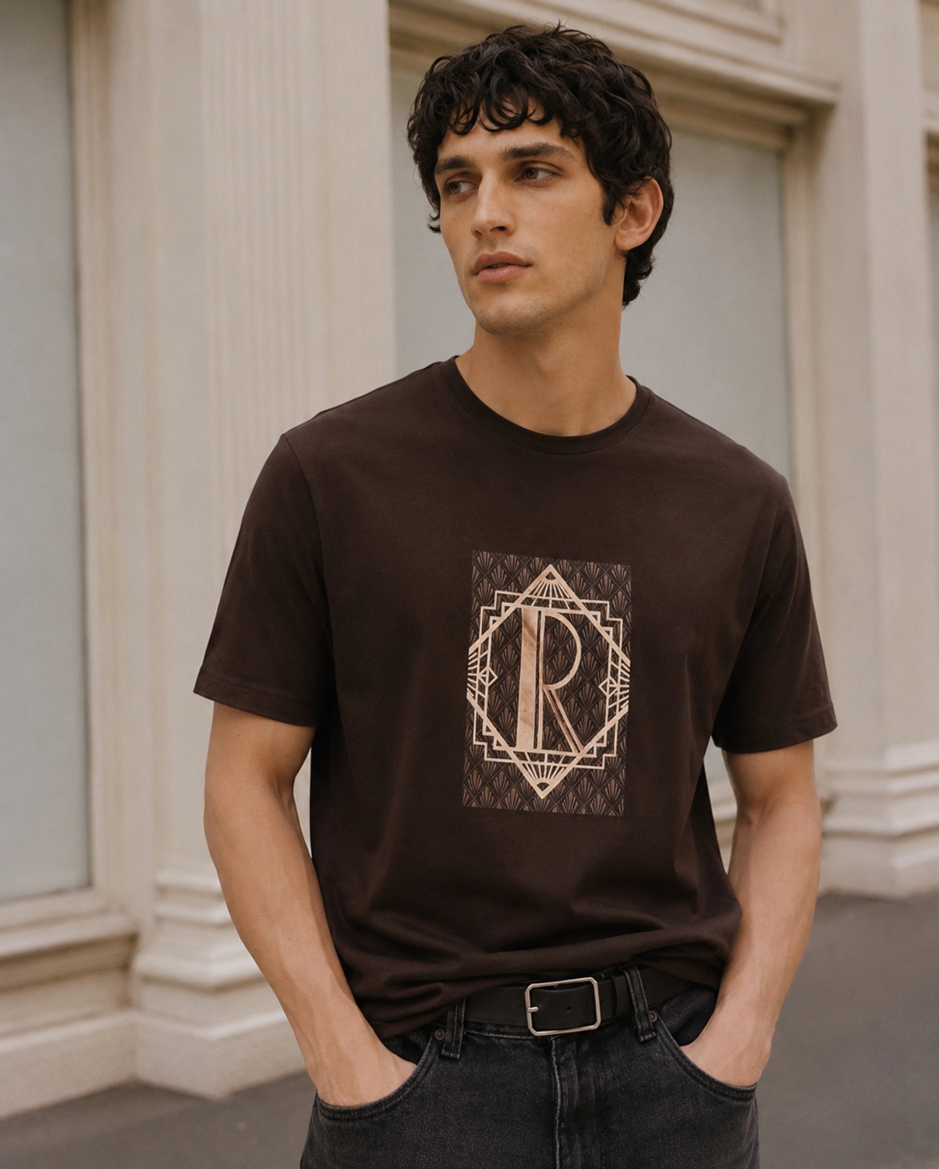Rare Rabbit Men's Kerd Dark Brown Cotton Blend Crew Neck Regular Graphic Print T-Shirt