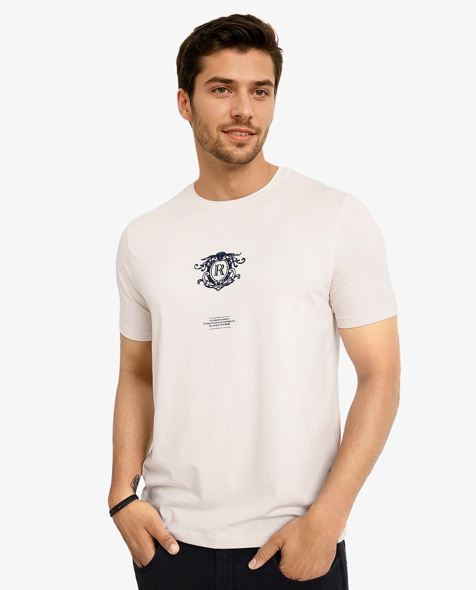 Rare Rabbit Men Ker Light Pink Cotton Lycra Fabric Short Sleeve Crew Neck Regular Fit Graphic Flock Print T-Shirt