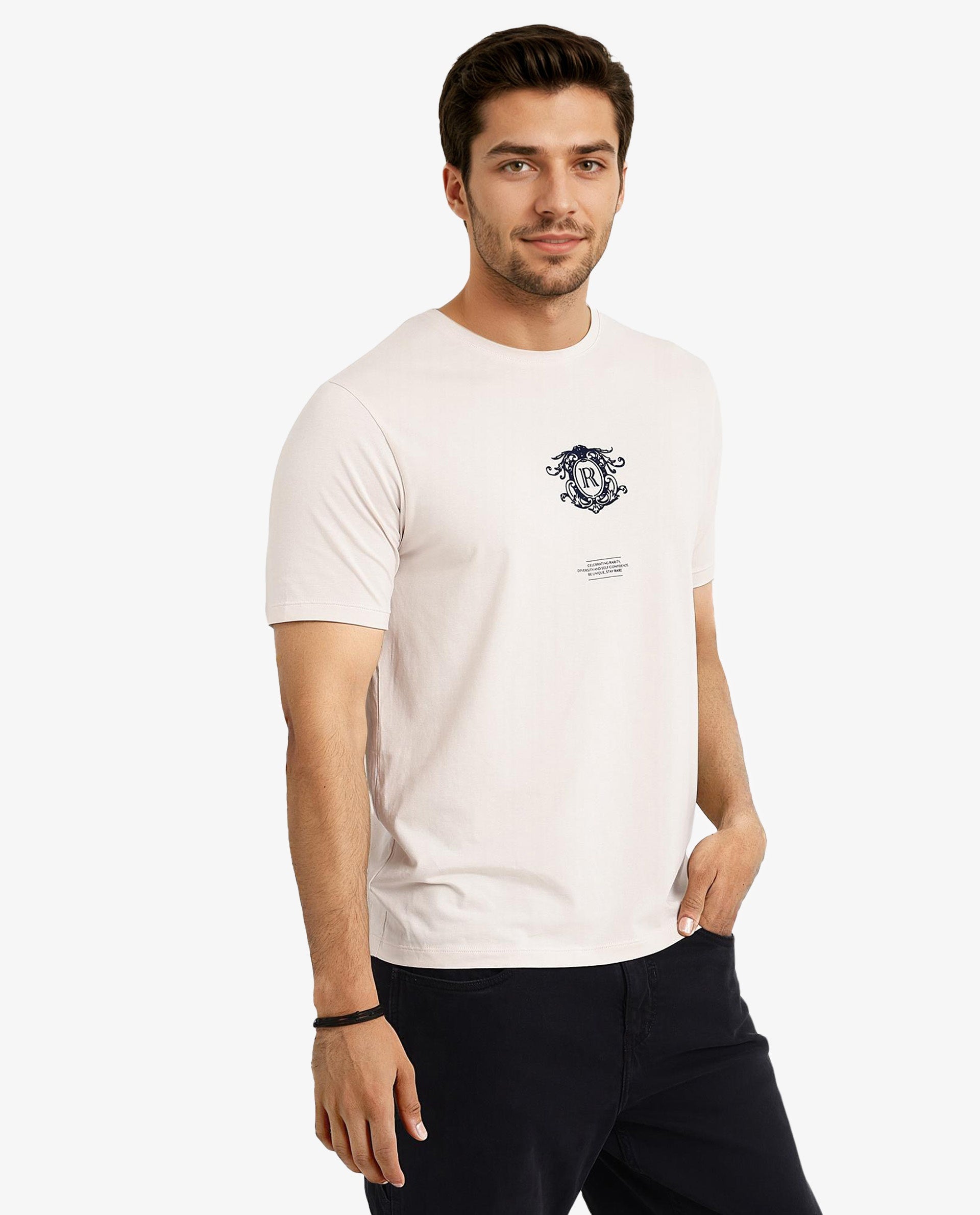 Rare Rabbit Men Ker Light Pink Cotton Lycra Fabric Short Sleeve Crew Neck Regular Fit Graphic Flock Print T-Shirt