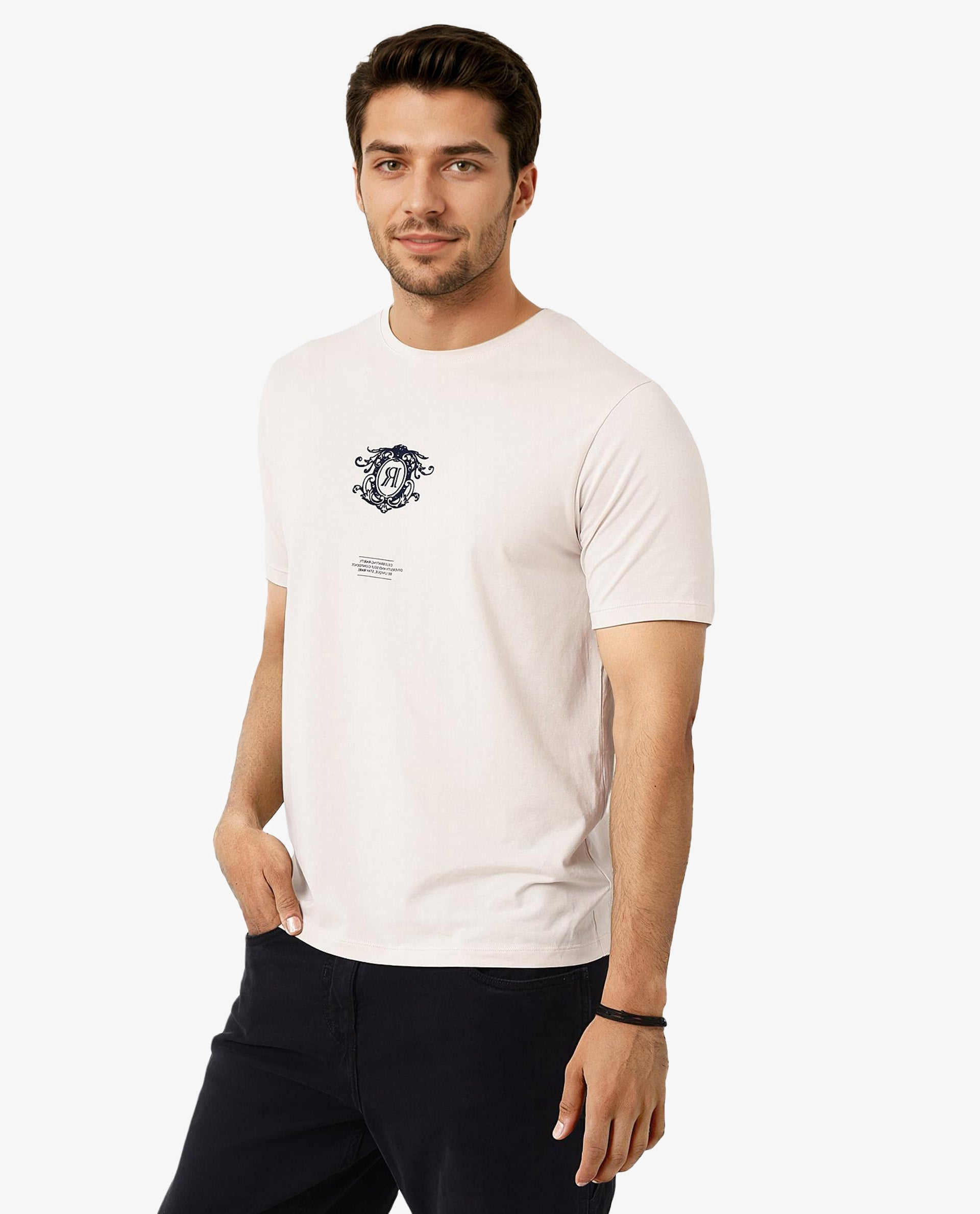 Rare Rabbit Men Ker Light Pink Cotton Lycra Fabric Short Sleeve Crew Neck Regular Fit Graphic Flock Print T-Shirt