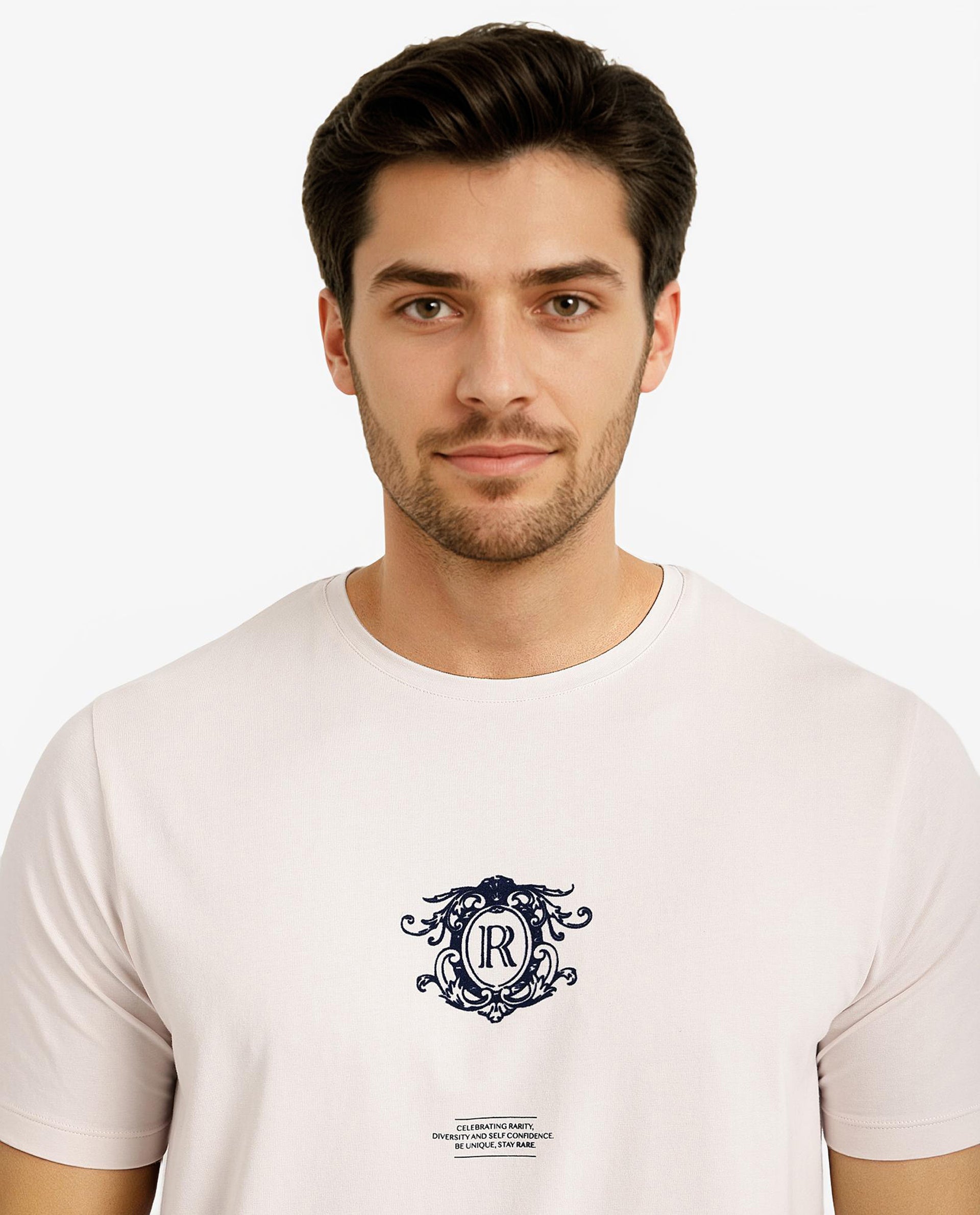 Rare Rabbit Men Ker Light Pink Cotton Lycra Fabric Short Sleeve Crew Neck Regular Fit Graphic Flock Print T-Shirt