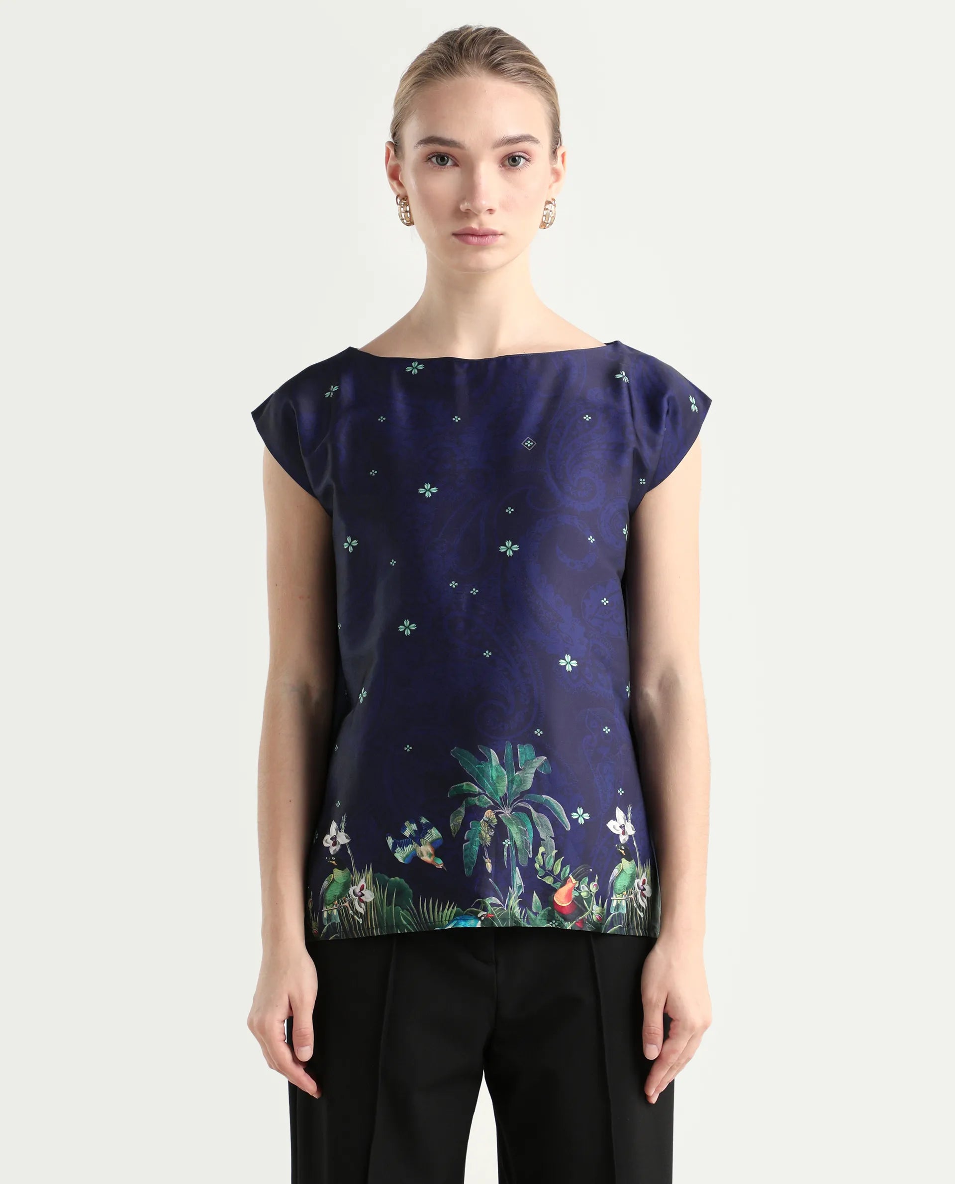 Rareism Women's Kern Navy Polyester Boat Neck Floral Print Extended Sleeves Regular Fit Top