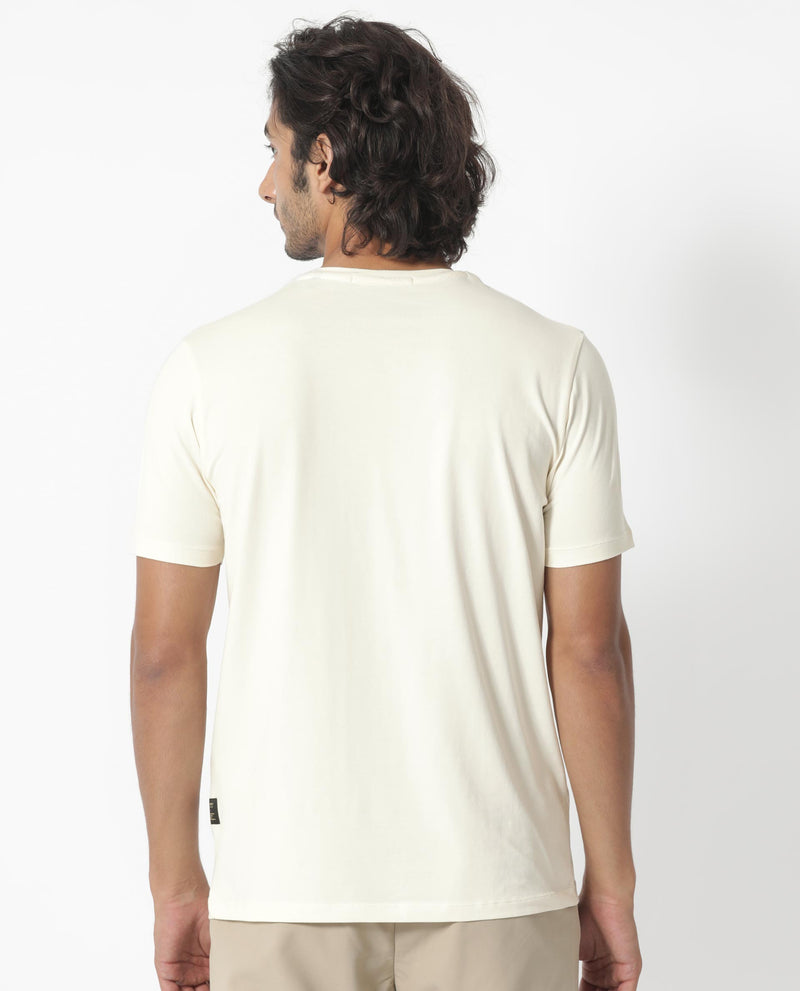 Rare Rabbit Men's Kerwin Beige Crew Neck HD Print Logo on Chest Half Sleeves Regular Fit T-Shirt