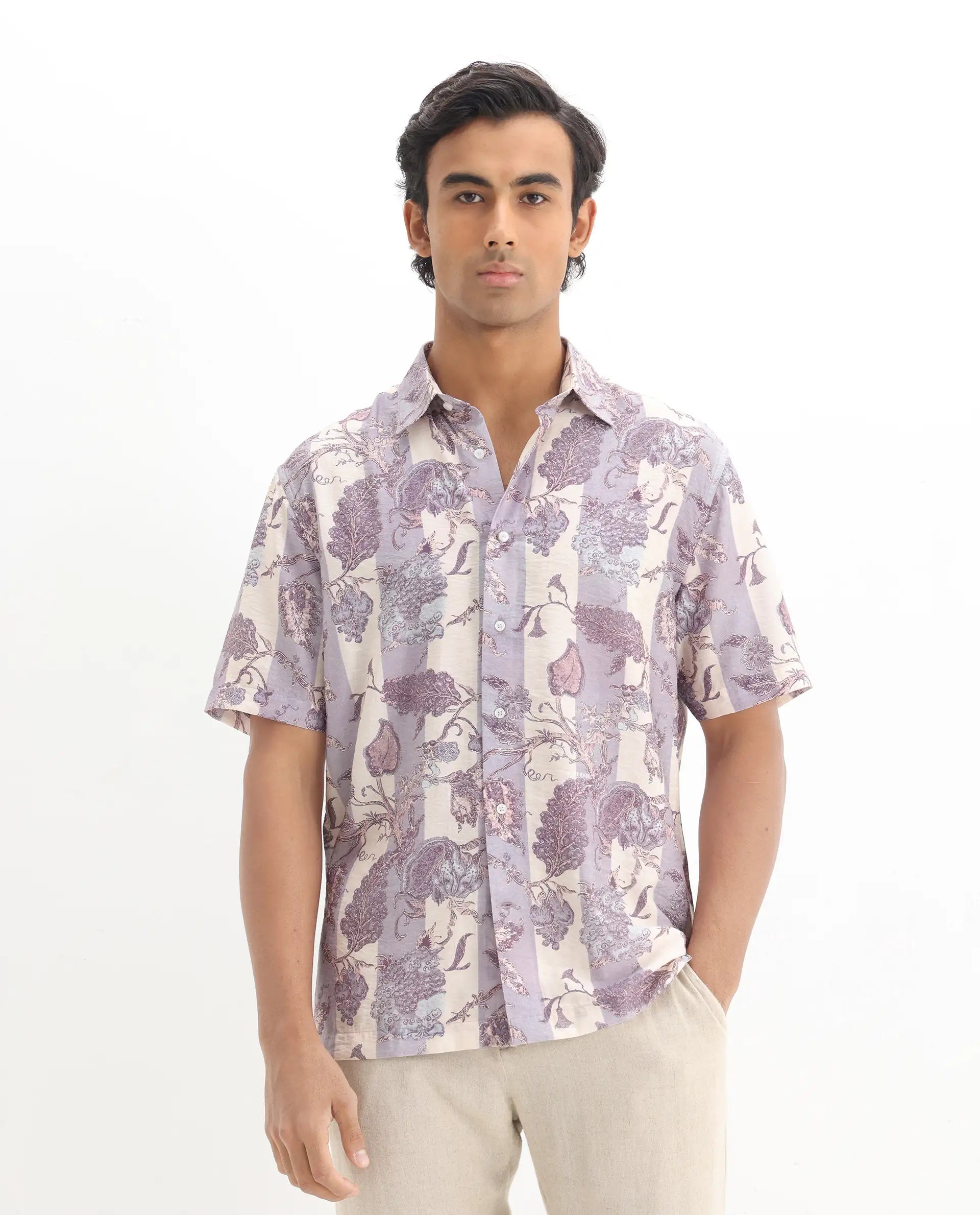 Rare Rabbit Men's Kexil Off Whte Viscose Blend Digital Print Relaxed Fit Half Sleeve Collared Shirt