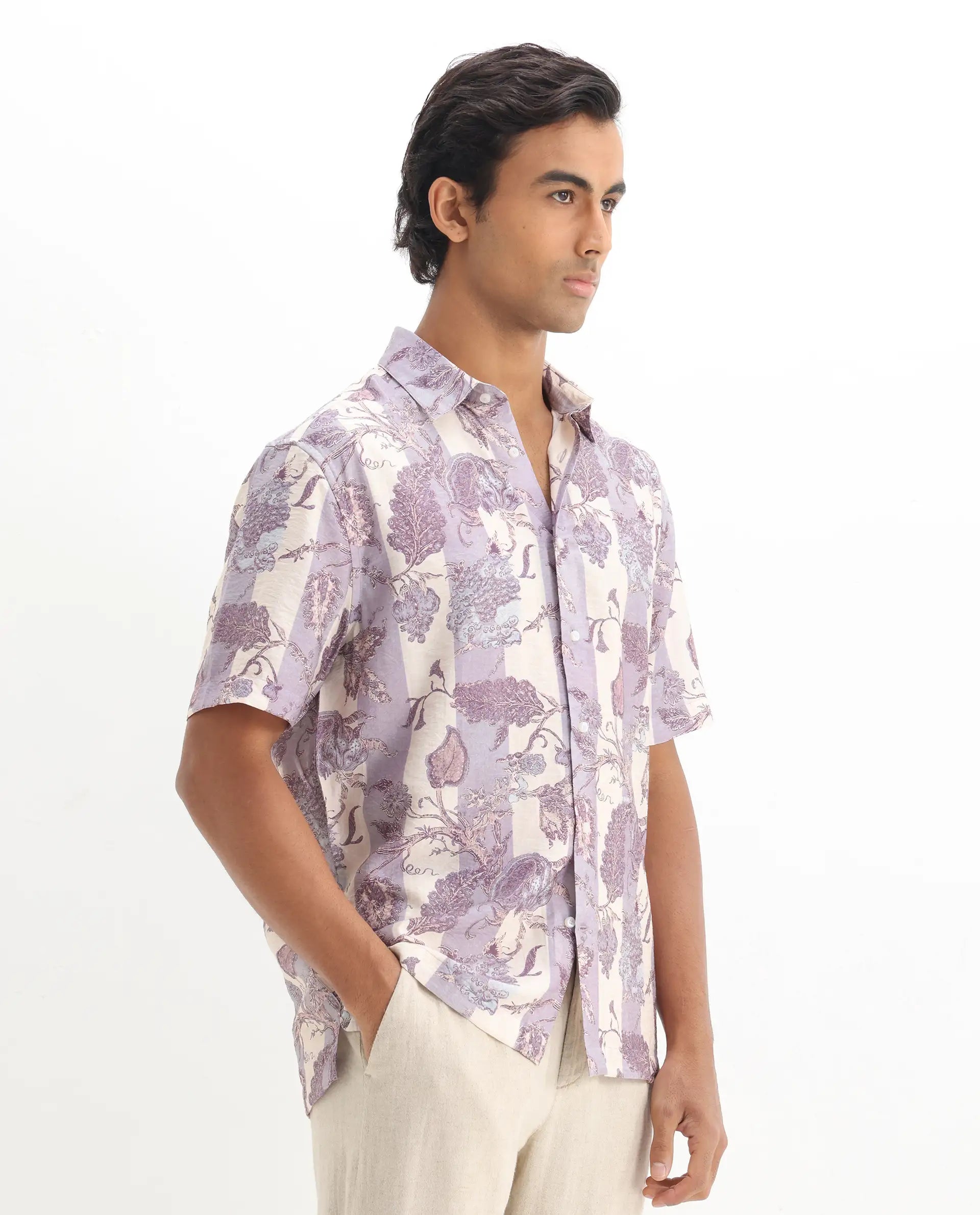 Rare Rabbit Men's Kexil Off Whte Viscose Blend Digital Print Relaxed Fit Half Sleeve Collared Shirt