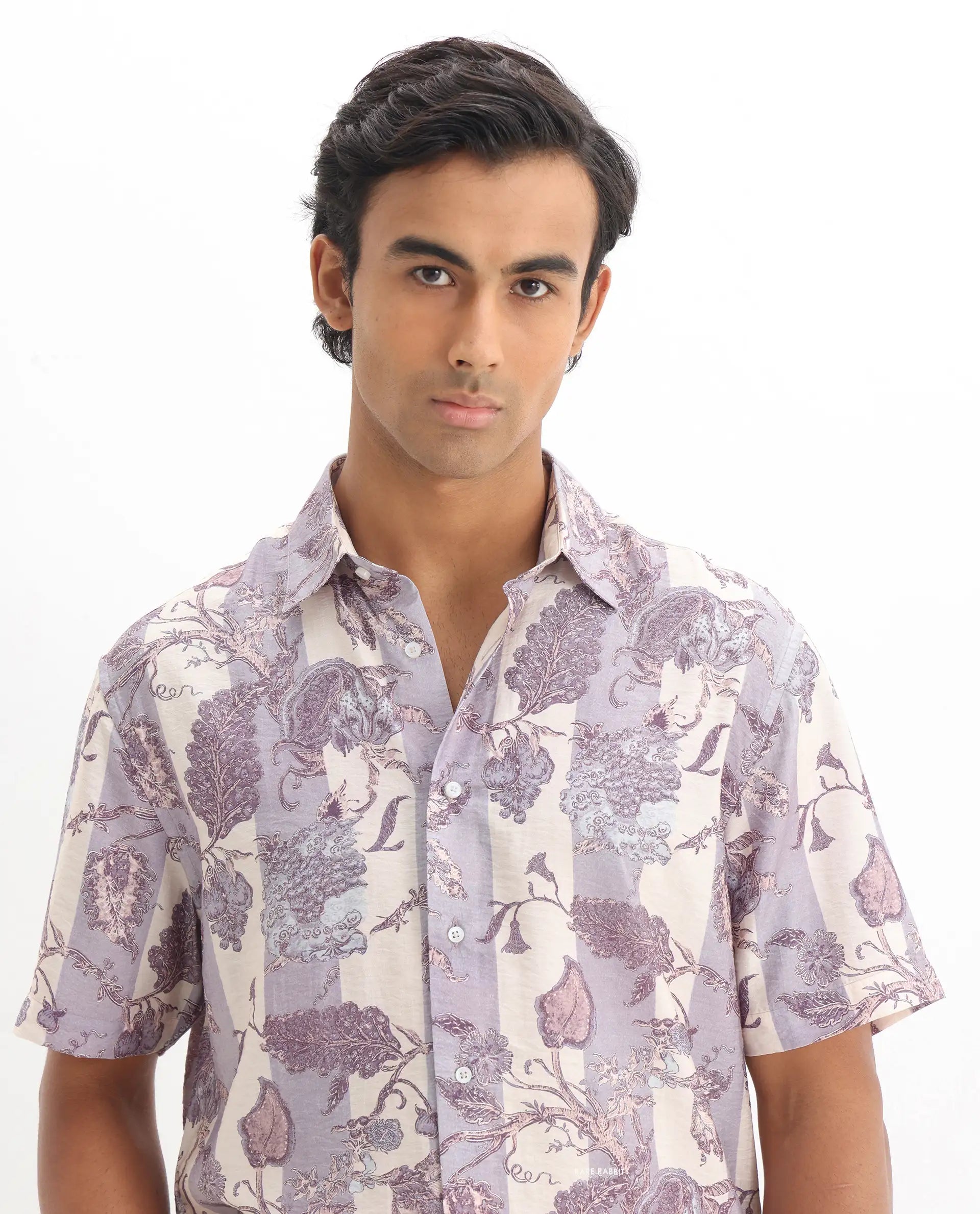 Rare Rabbit Men's Kexil Off Whte Viscose Blend Digital Print Relaxed Fit Half Sleeve Collared Shirt