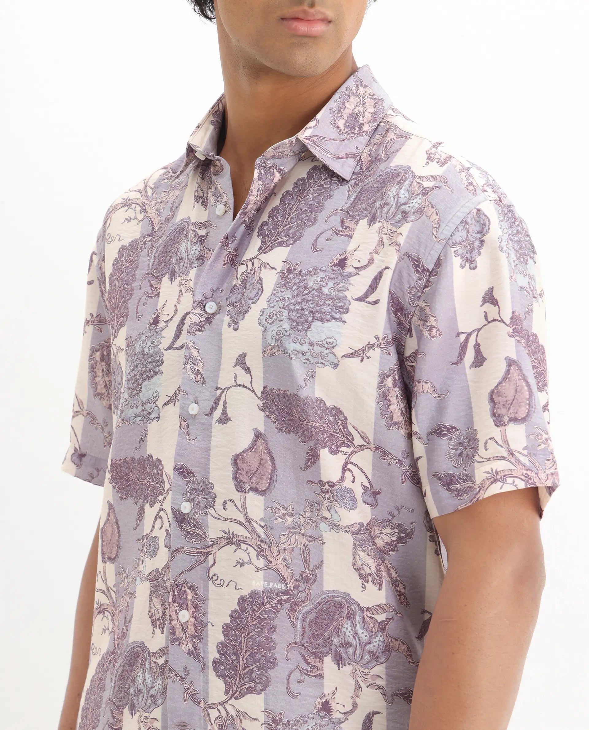 Rare Rabbit Men's Kexil Off Whte Viscose Blend Digital Print Relaxed Fit Half Sleeve Collared Shirt