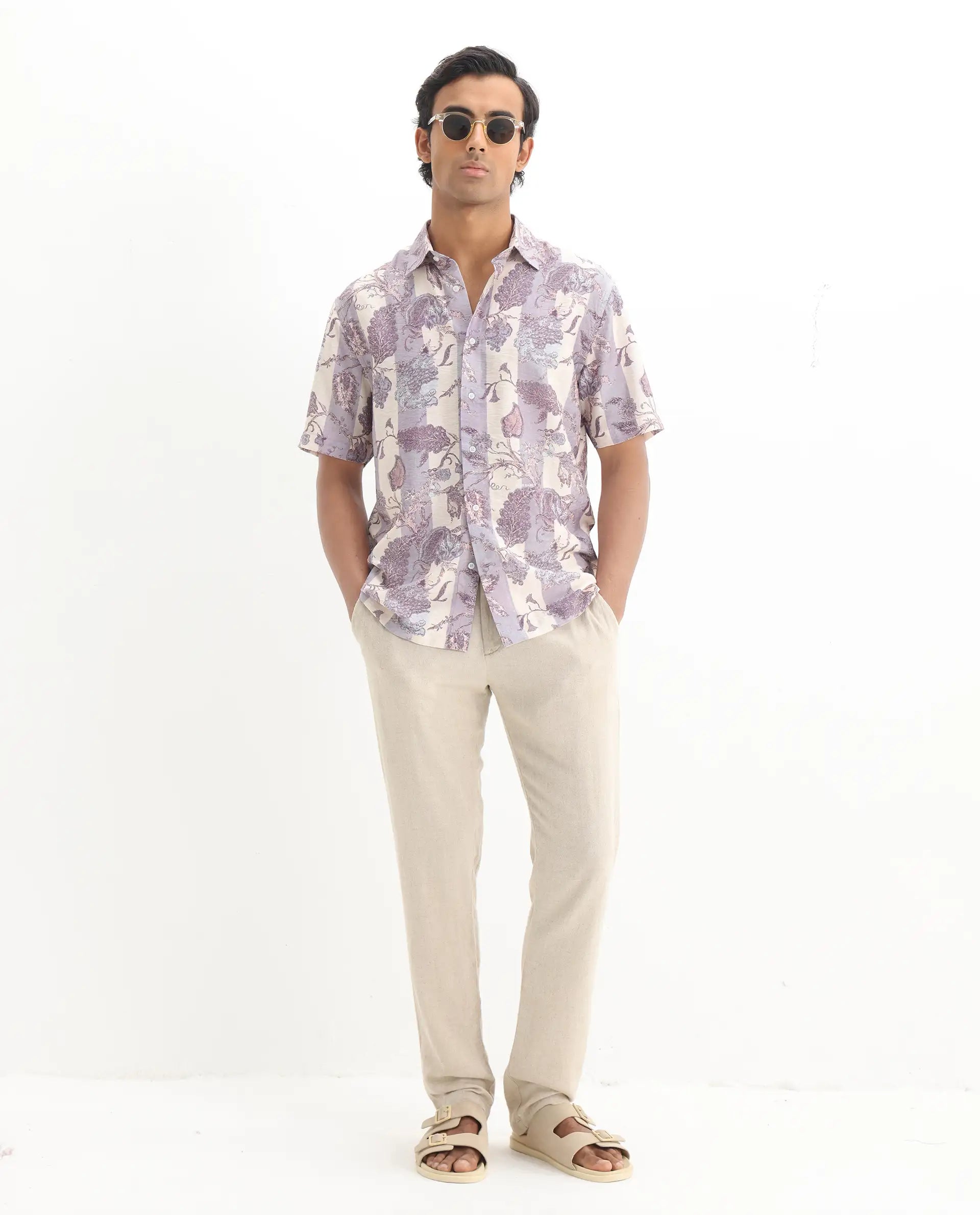 Rare Rabbit Men's Kexil Off Whte Viscose Blend Digital Print Relaxed Fit Half Sleeve Collared Shirt