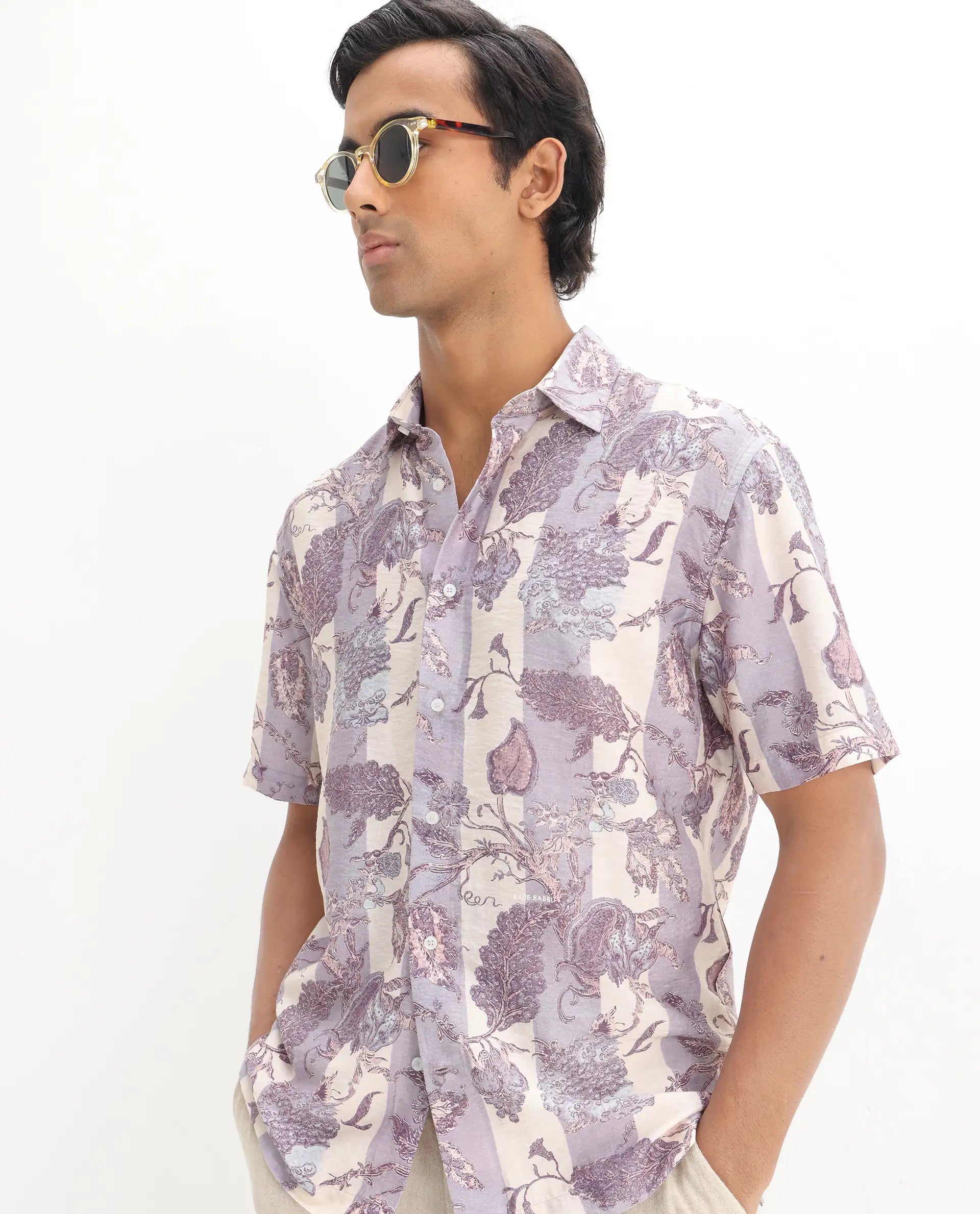 Rare Rabbit Men's Kexil Off Whte Viscose Blend Digital Print Relaxed Fit Half Sleeve Collared Shirt