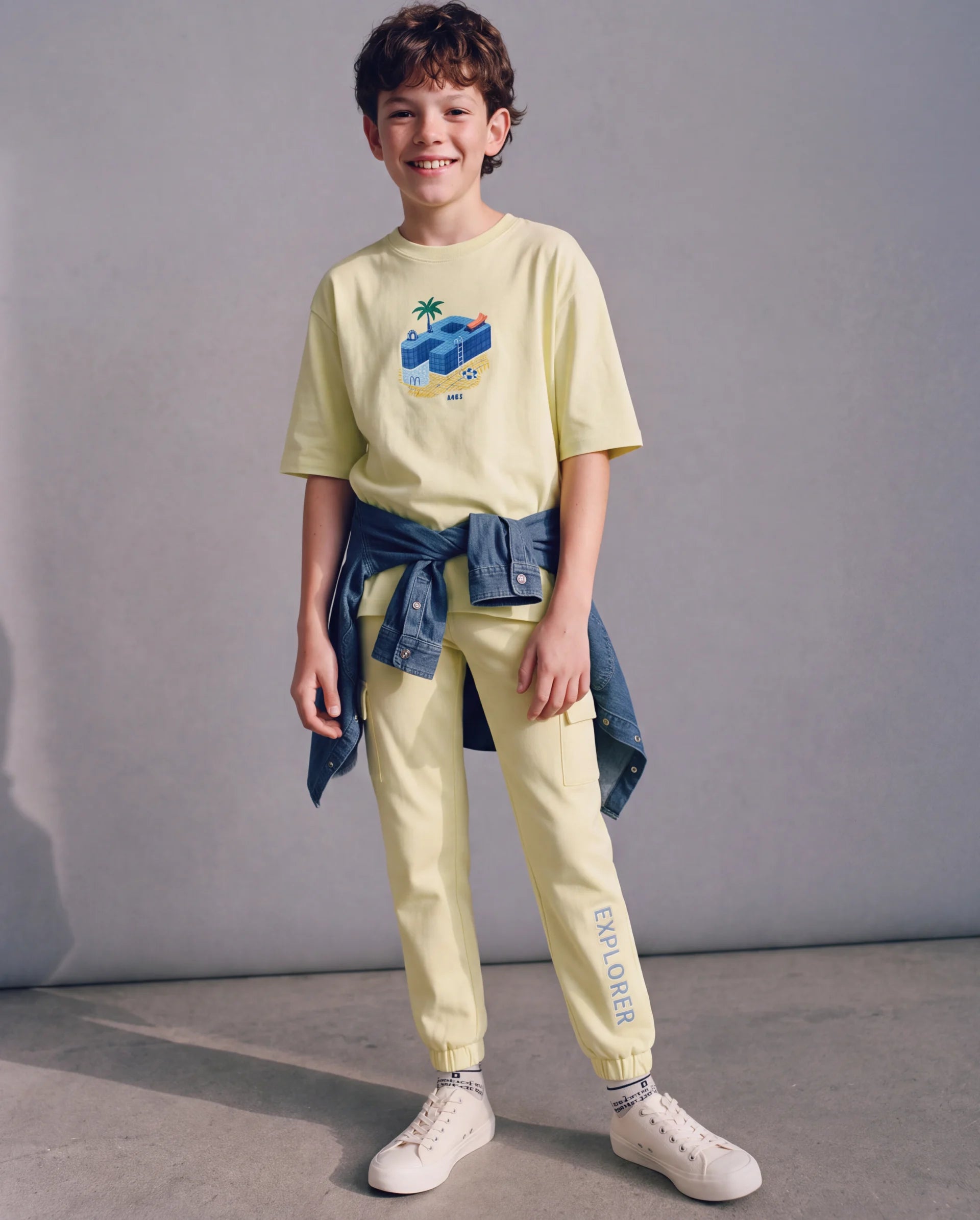 Rare Ones Kids Aiden Light Yellow Cotton Fabric Drawstring Closure Embossed Cargo Fit Track Pant
