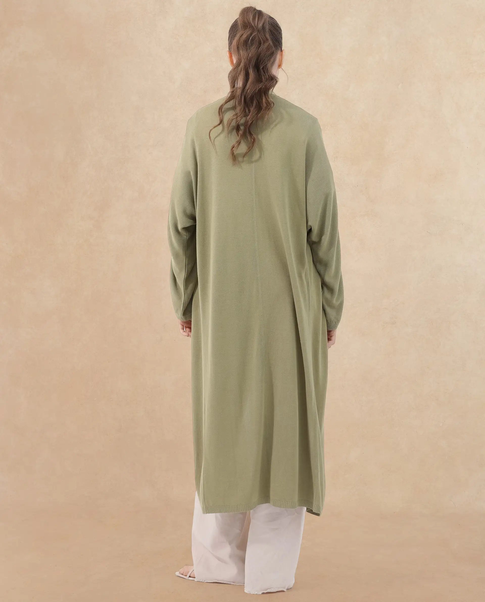 Rareism Women Keya Pastel Green Cotton Fabric Full Sleeves Extended Sleeve Relaxed Fit Plain Midi Shrug