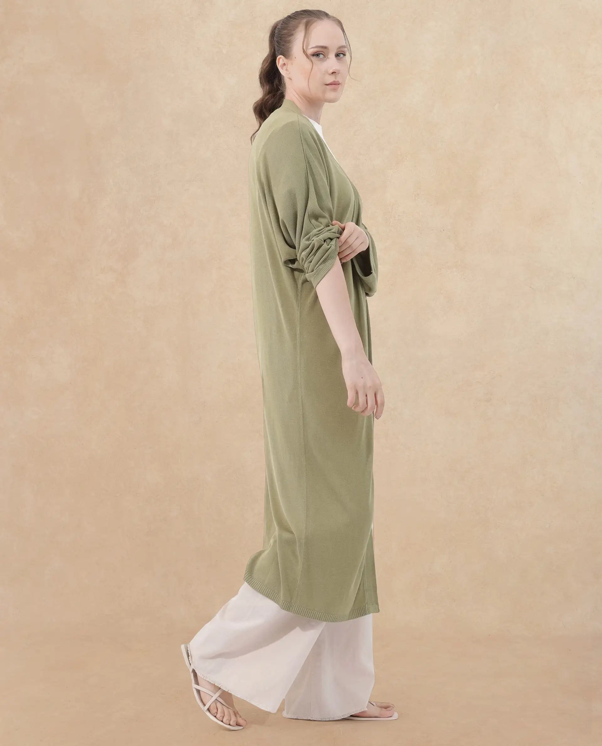Rareism Women Keya Pastel Green Cotton Fabric Full Sleeves Extended Sleeve Relaxed Fit Plain Midi Shrug