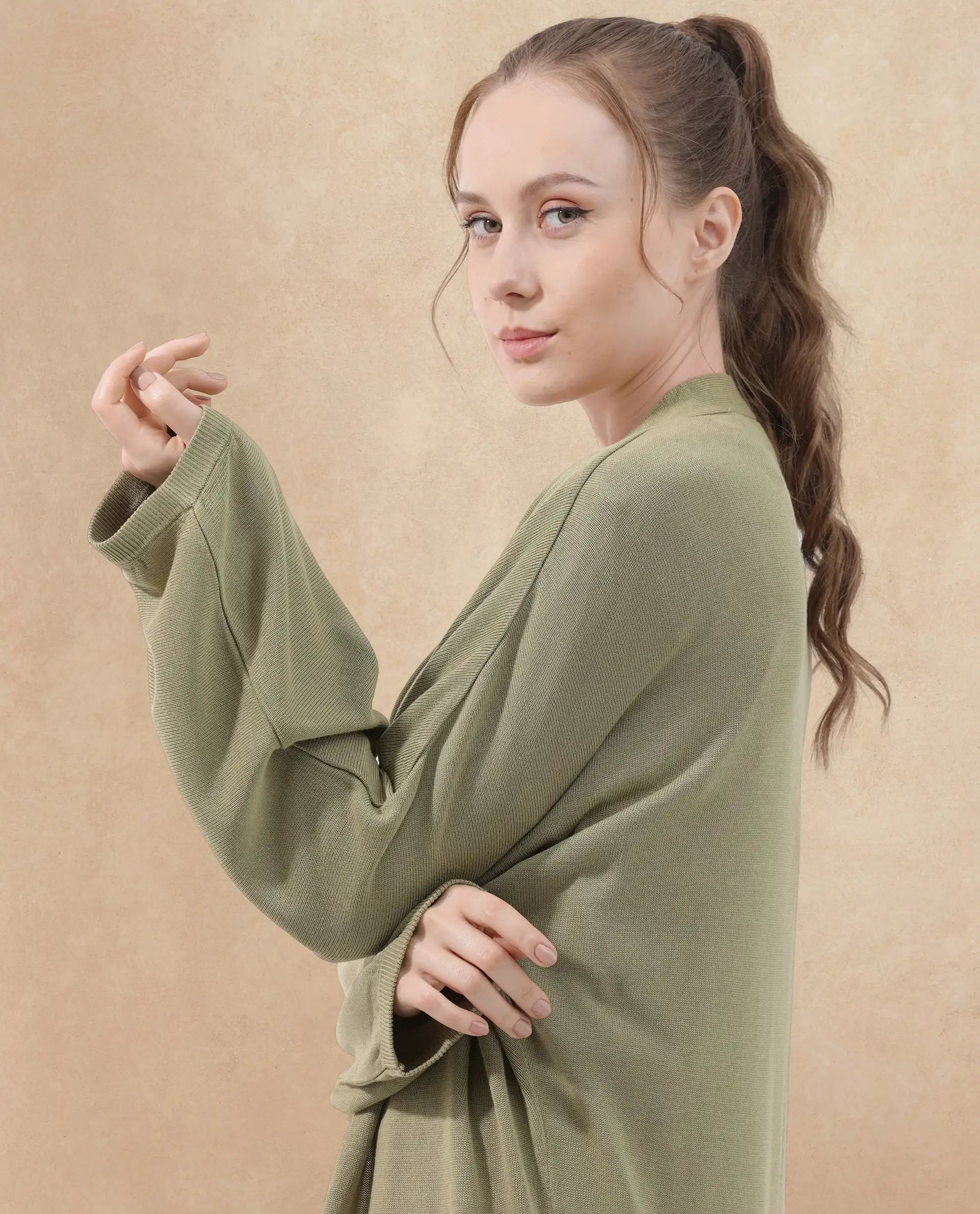 Rareism Women Keya Pastel Green Cotton Fabric Full Sleeves Extended Sleeve Relaxed Fit Plain Midi Shrug