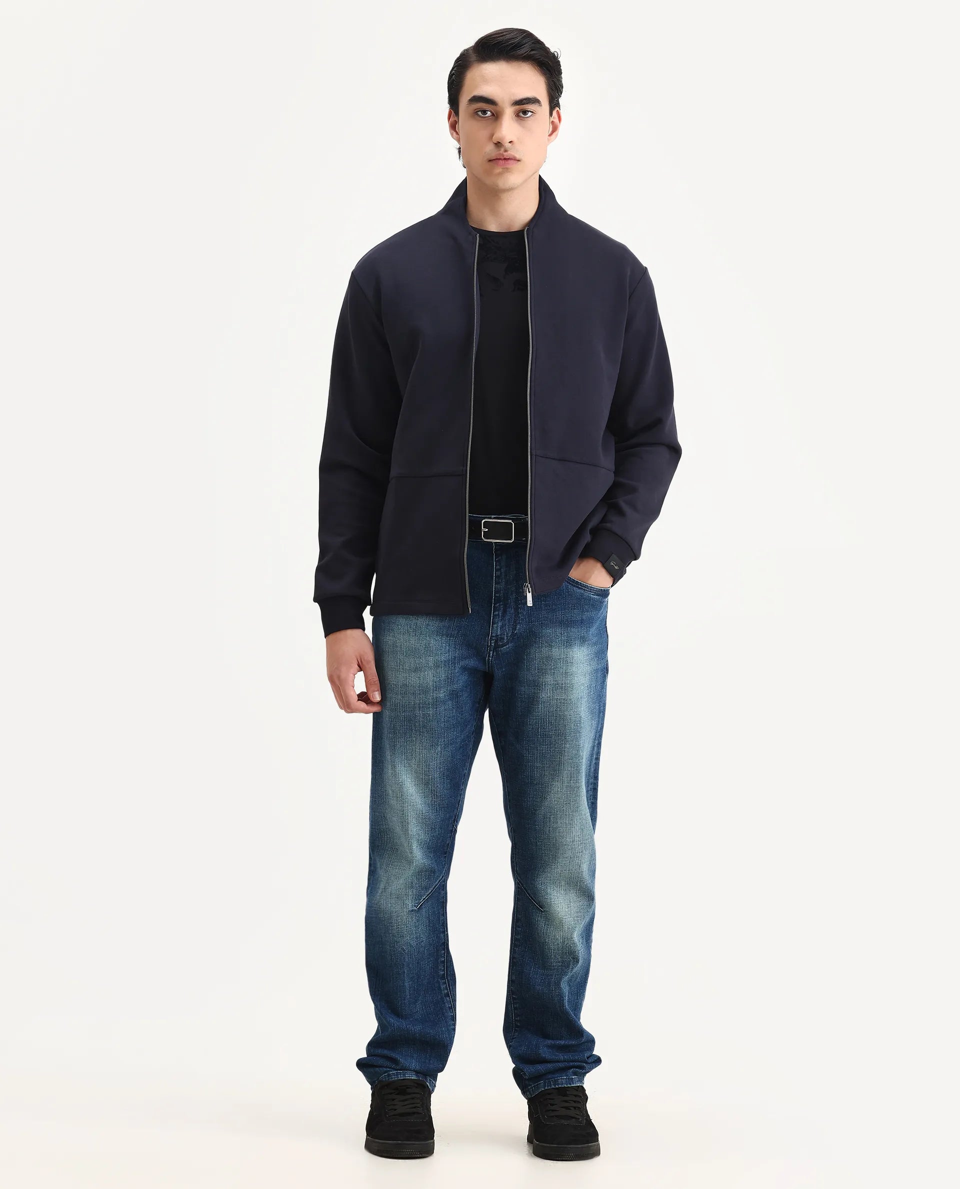 Rare Rabbit Men's Cotton Blend Plain Regular Fit Full Sleeve High Neck Sweatshirt