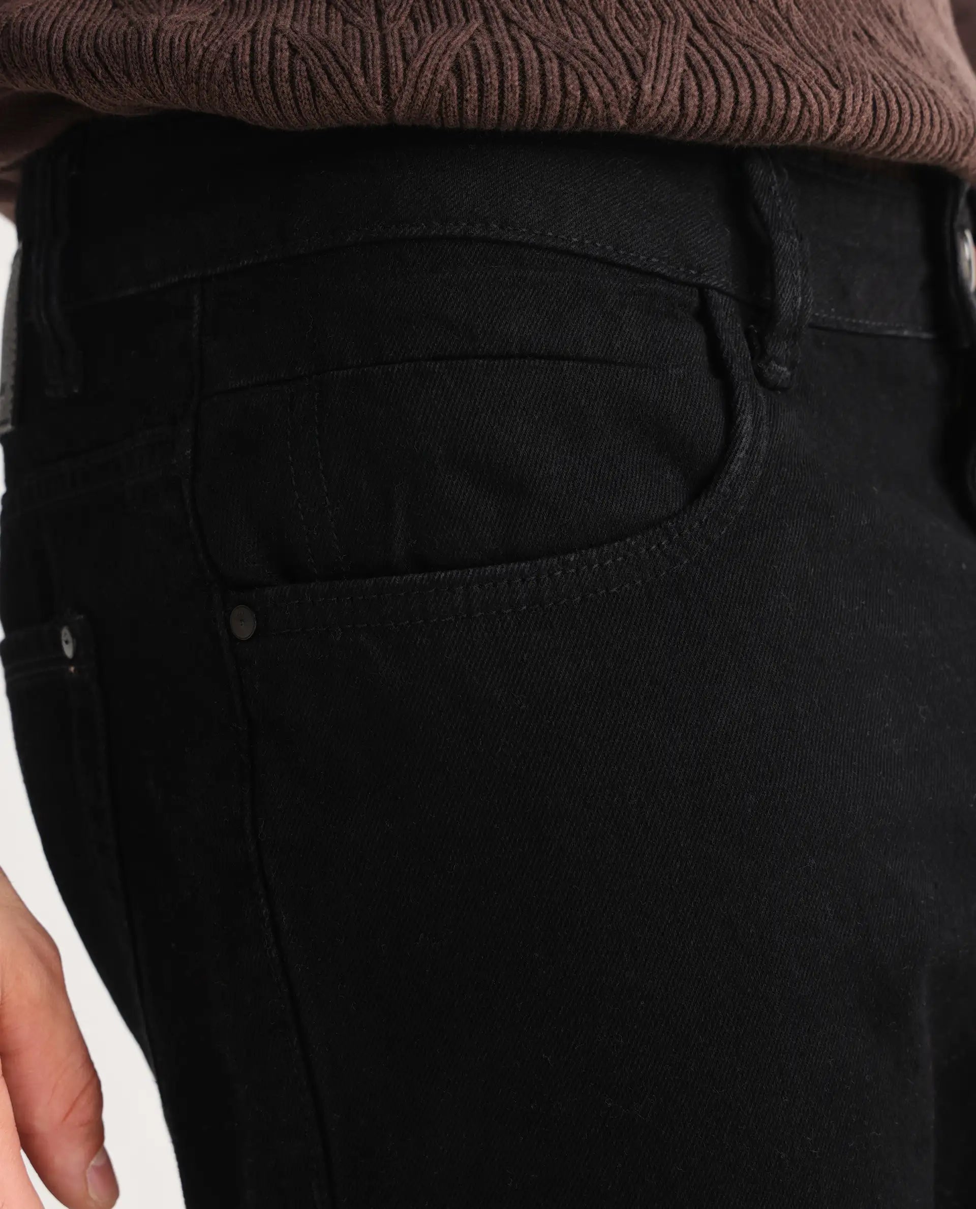 Rare Rabbit Men's Khal Black Cotton Plain Kurt Carrot Fit Jeans