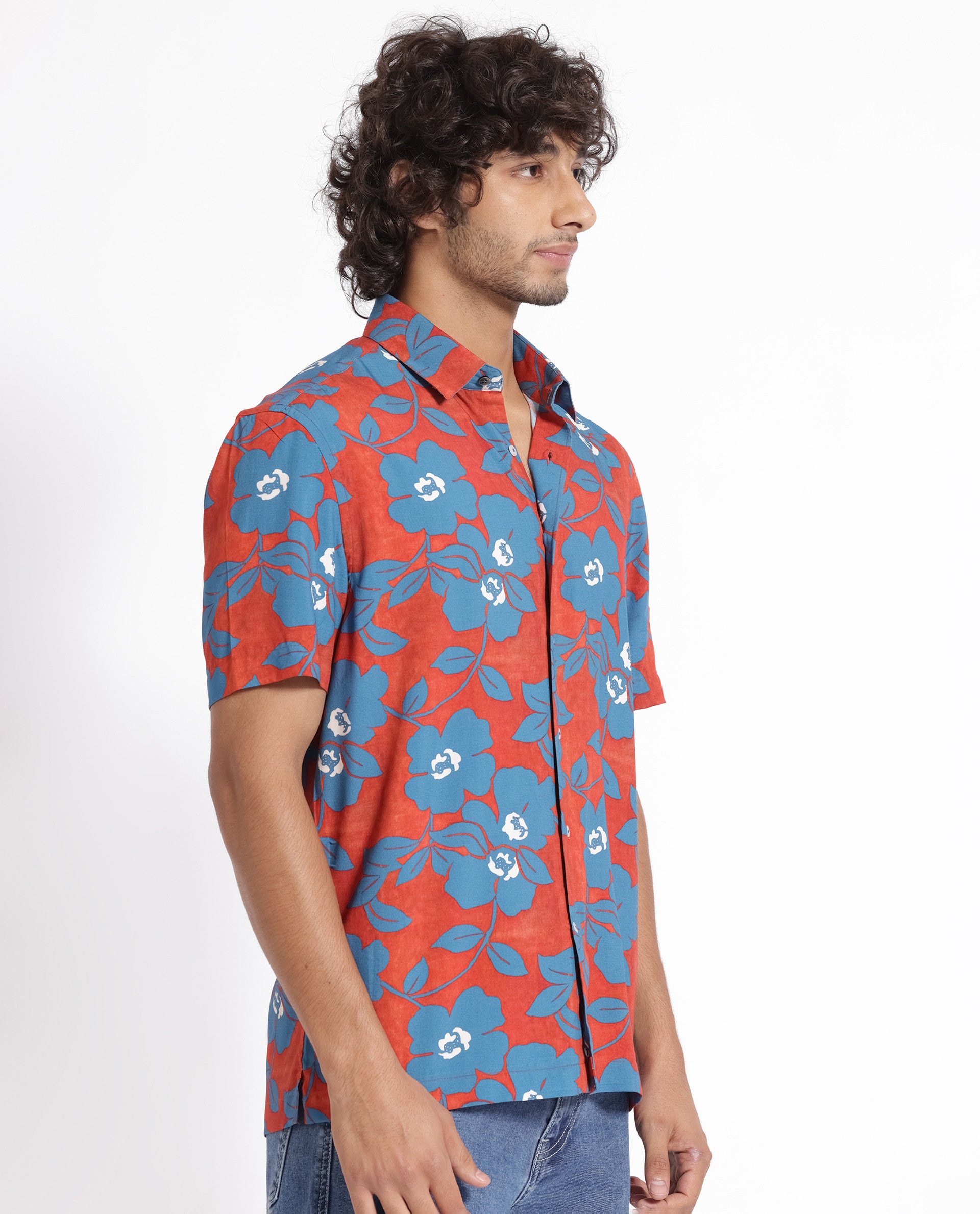 Rare Rabbit Men's Kian Dusky Orange Floral Print Half Sleeves Shirt