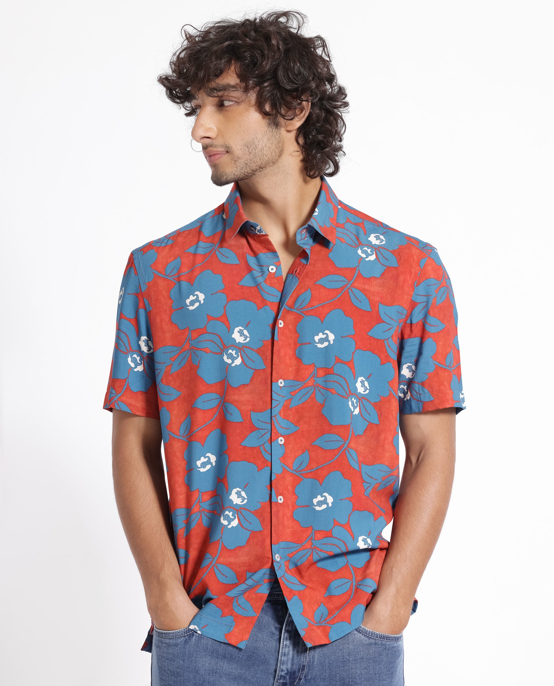 Rare Rabbit Men's Kian Dusky Orange Floral Print Half Sleeves Shirt