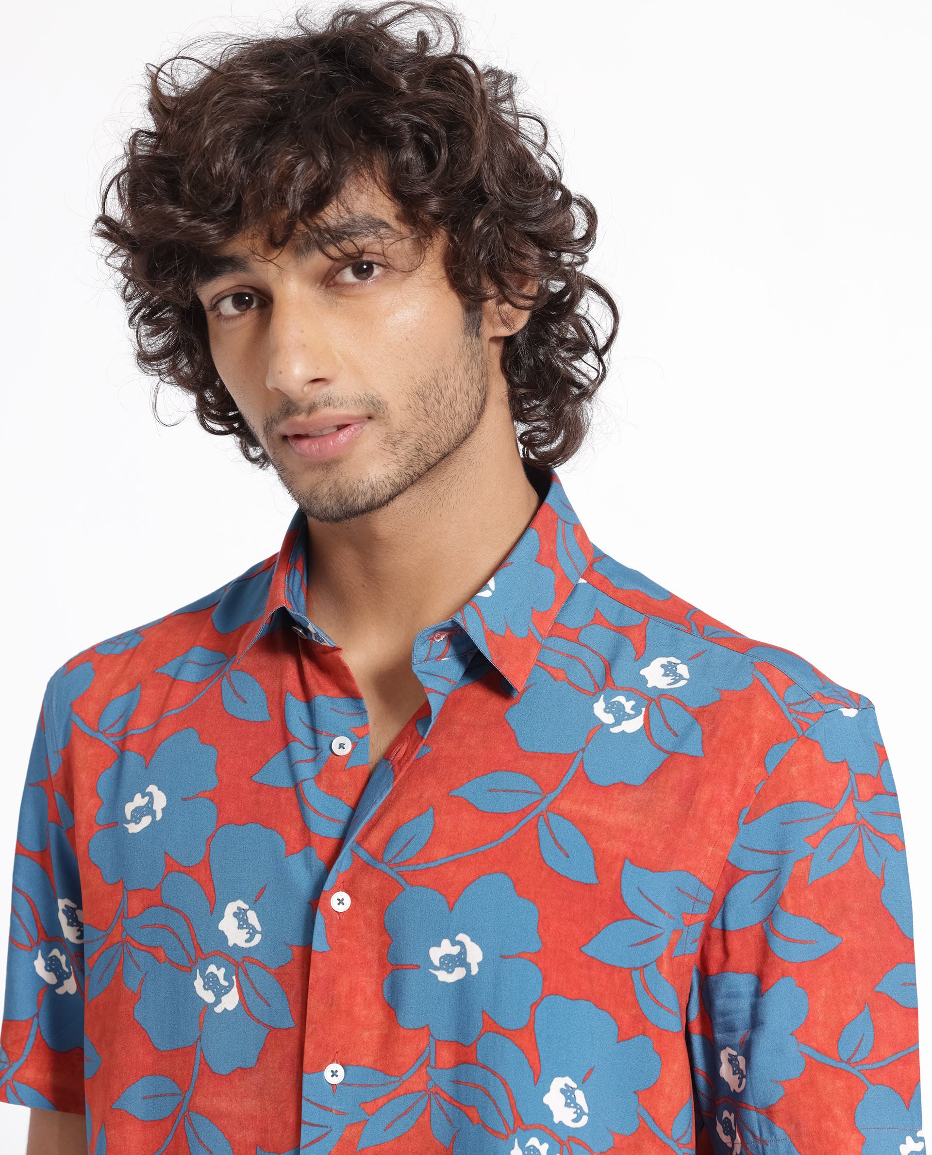 Rare Rabbit Men's Kian Dusky Orange Floral Print Half Sleeves Shirt