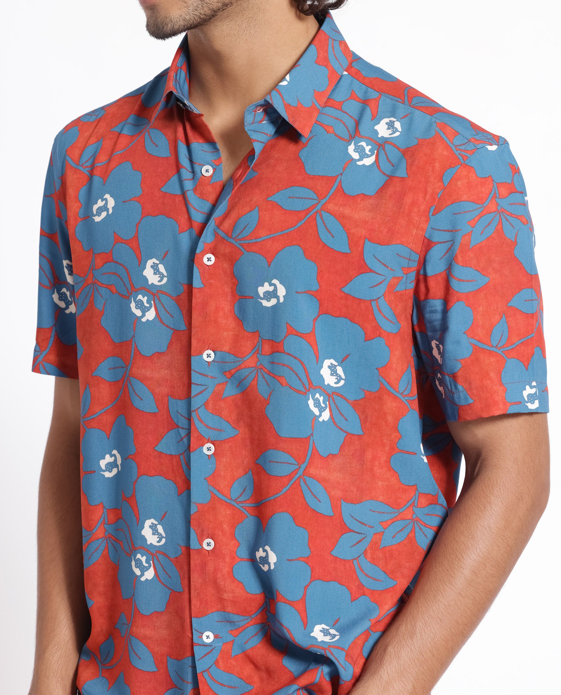 Rare Rabbit Men's Kian Dusky Orange Floral Print Half Sleeves Shirt