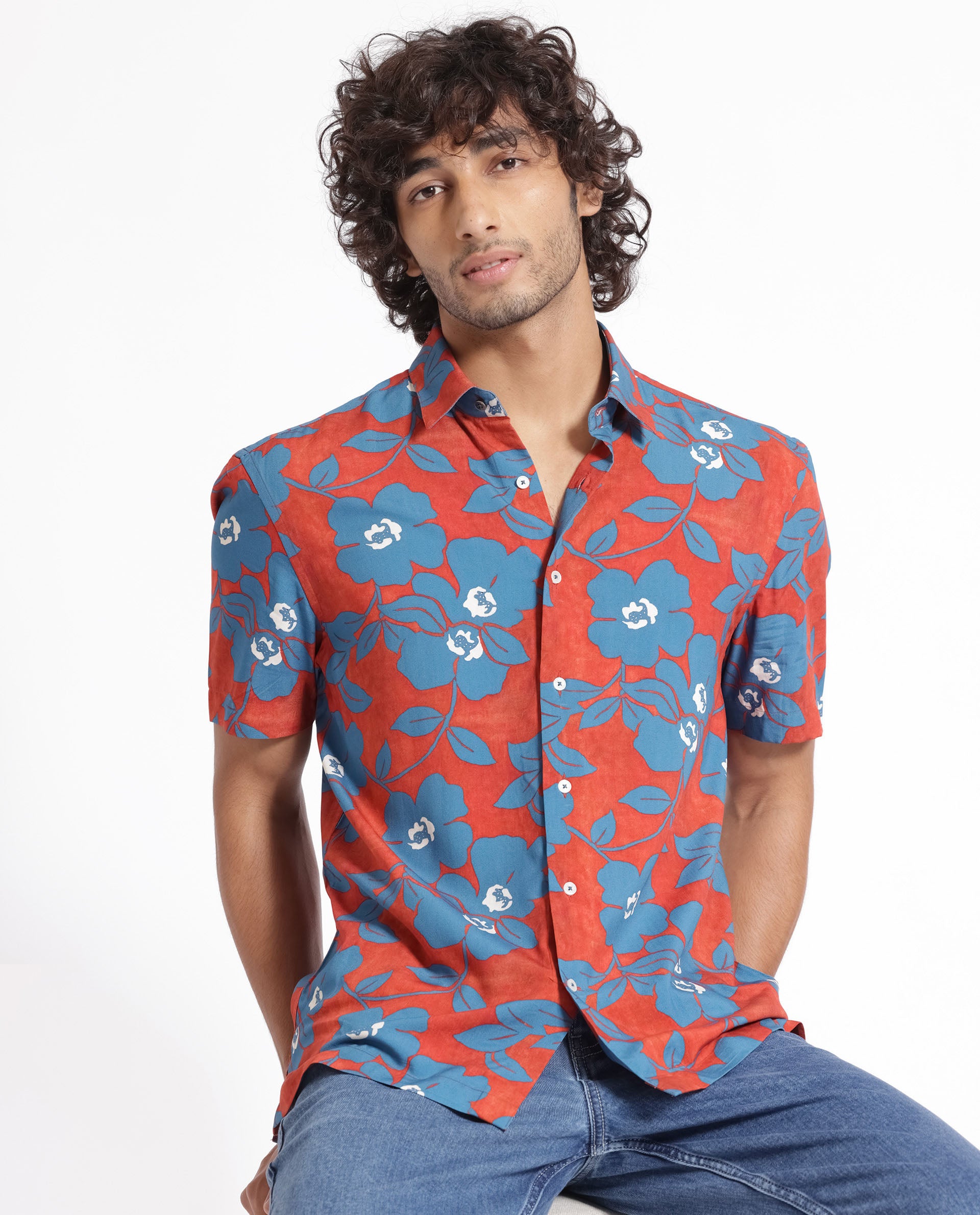 Rare Rabbit Men's Kian Dusky Orange Floral Print Half Sleeves Shirt