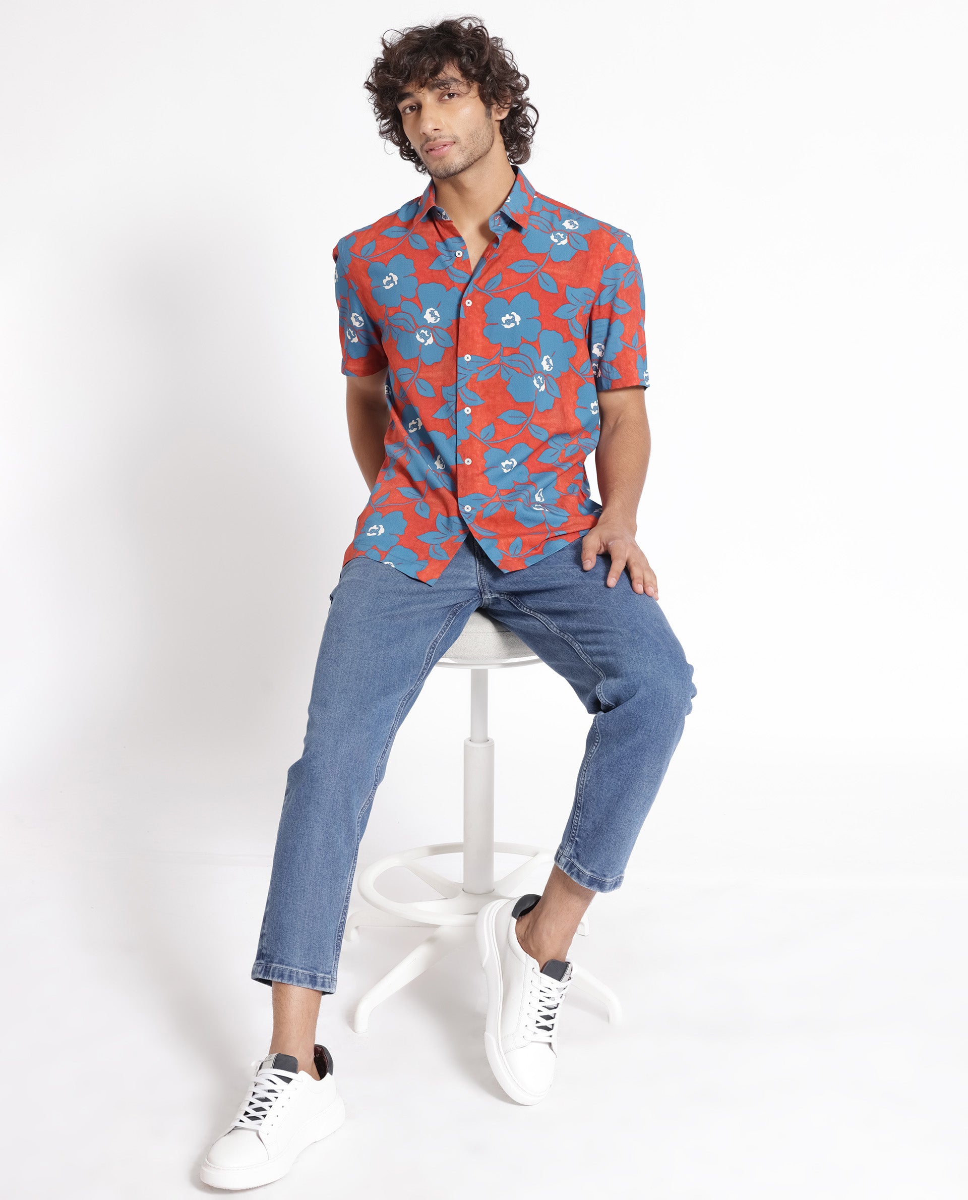 Rare Rabbit Men's Kian Dusky Orange Floral Print Half Sleeves Shirt